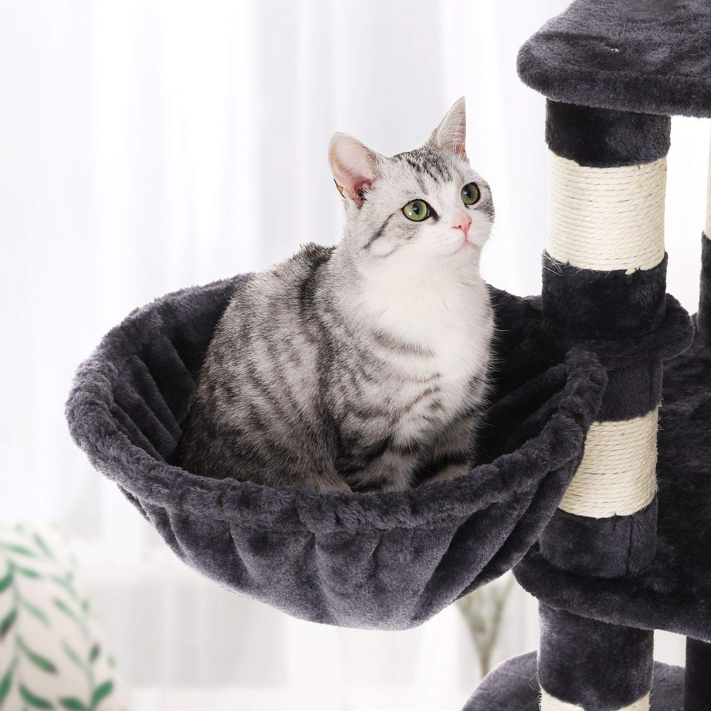 Multi-Level Cat Tree - Engineered Wood - Smoky Grey - Includes Feeder Bowl