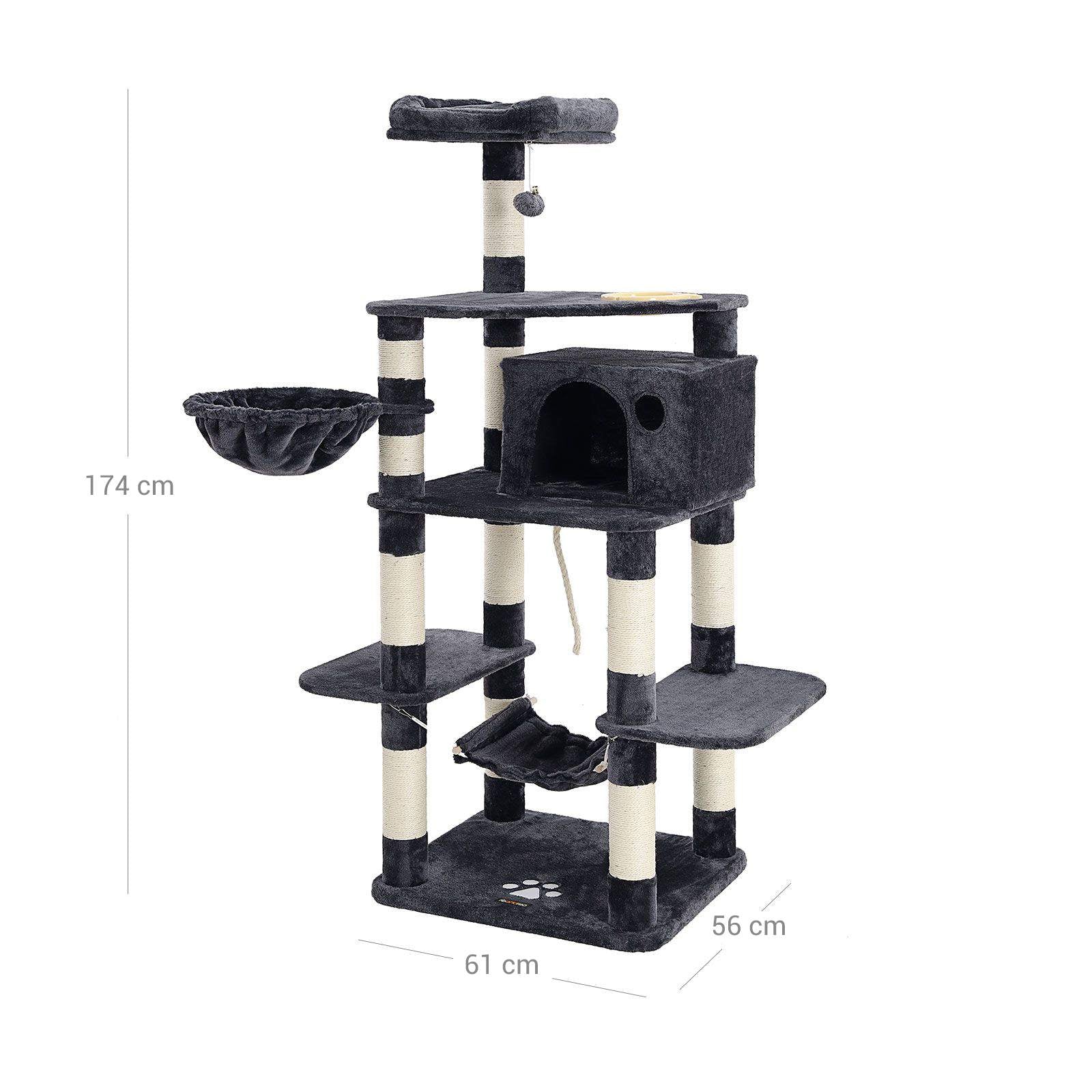 Multi-Level Cat Tree - Engineered Wood - Smoky Grey - Includes Feeder Bowl