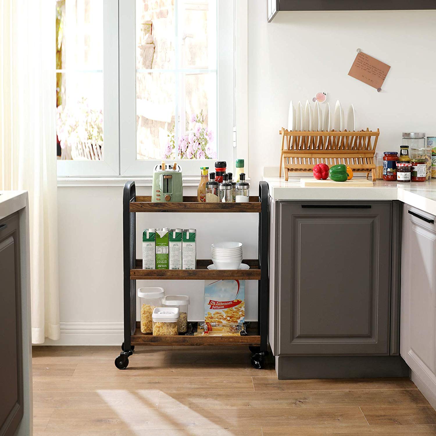 Rolling Kitchen Cart - Steel - Rustic Brown - Space-Saving with Universal Castors