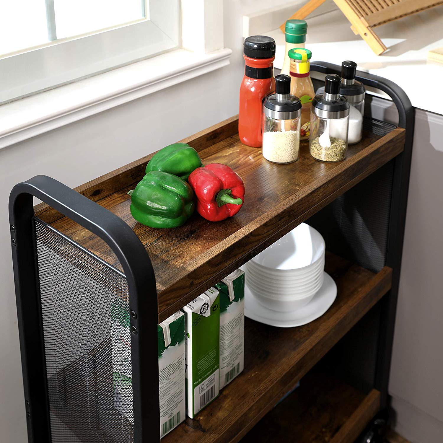 Rolling Kitchen Cart - Steel - Rustic Brown - Space-Saving with Universal Castors