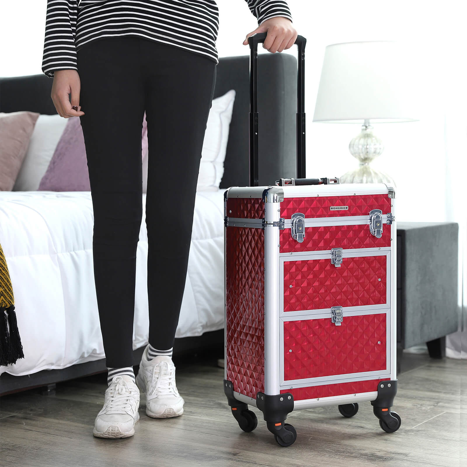 Rolling Trolley Cosmetic Case - ABS - Red - Spacious and Travel-Friendly Design 34 x 27 x 57 cm