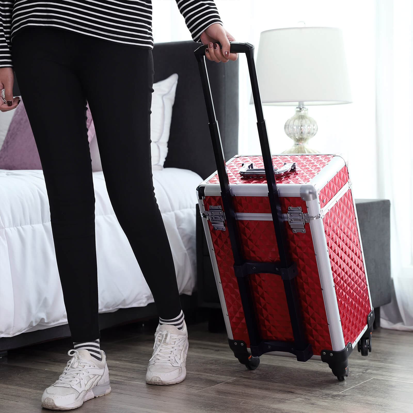 Rolling Trolley Cosmetic Case - ABS - Red - Spacious and Travel-Friendly Design 34 x 27 x 57 cm