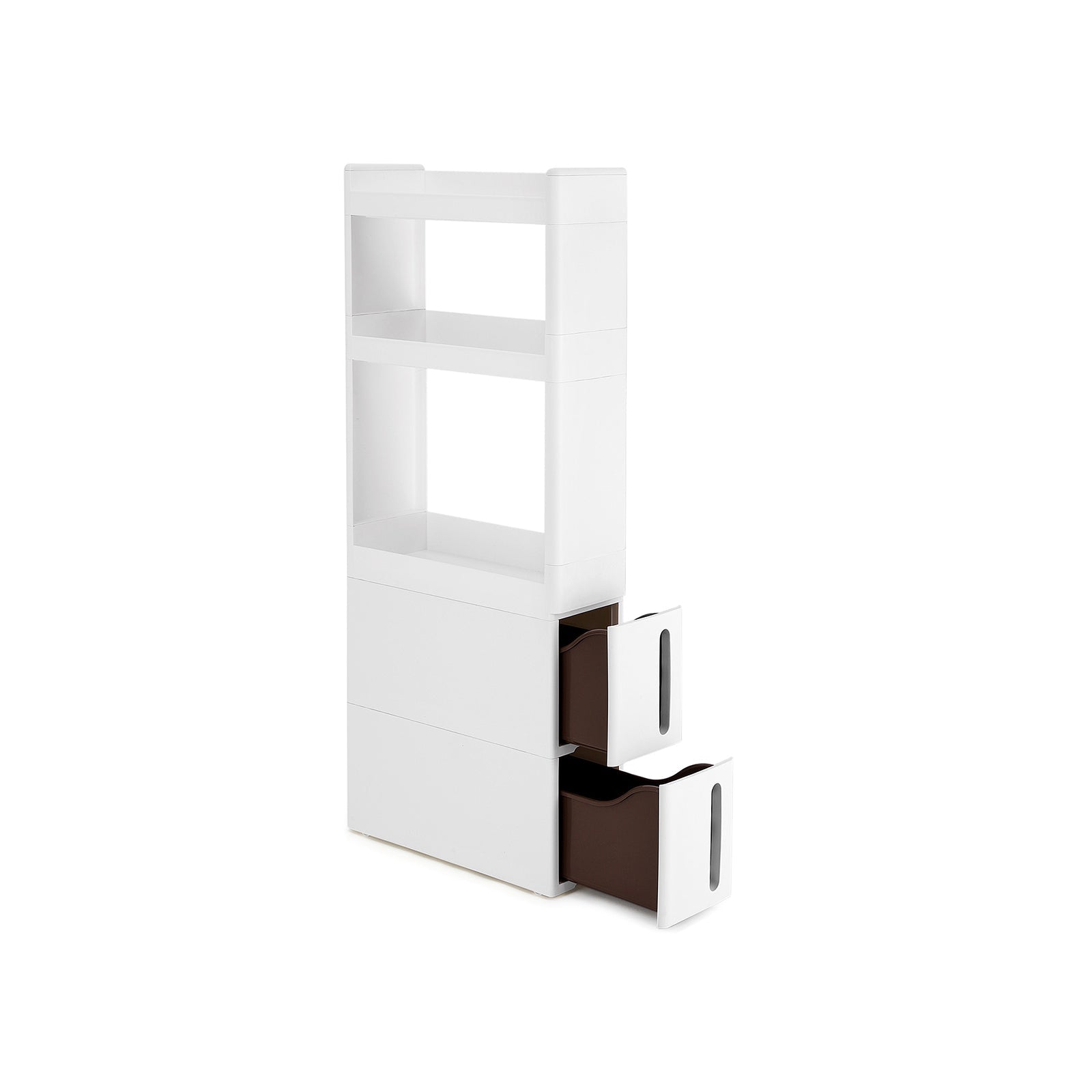 Rolling Trolley Cupboard - Wood - White - Narrow Storage with 3 Compartments and 2 Drawers