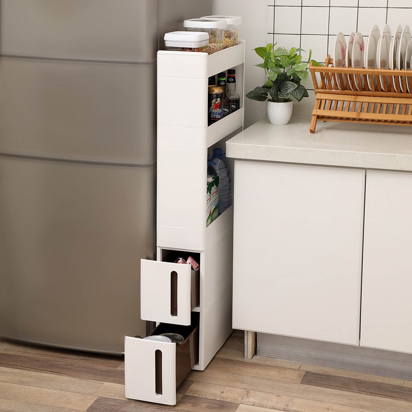 Rolling Trolley Cupboard - Wood - White - Narrow Storage with 3 Compartments and 2 Drawers