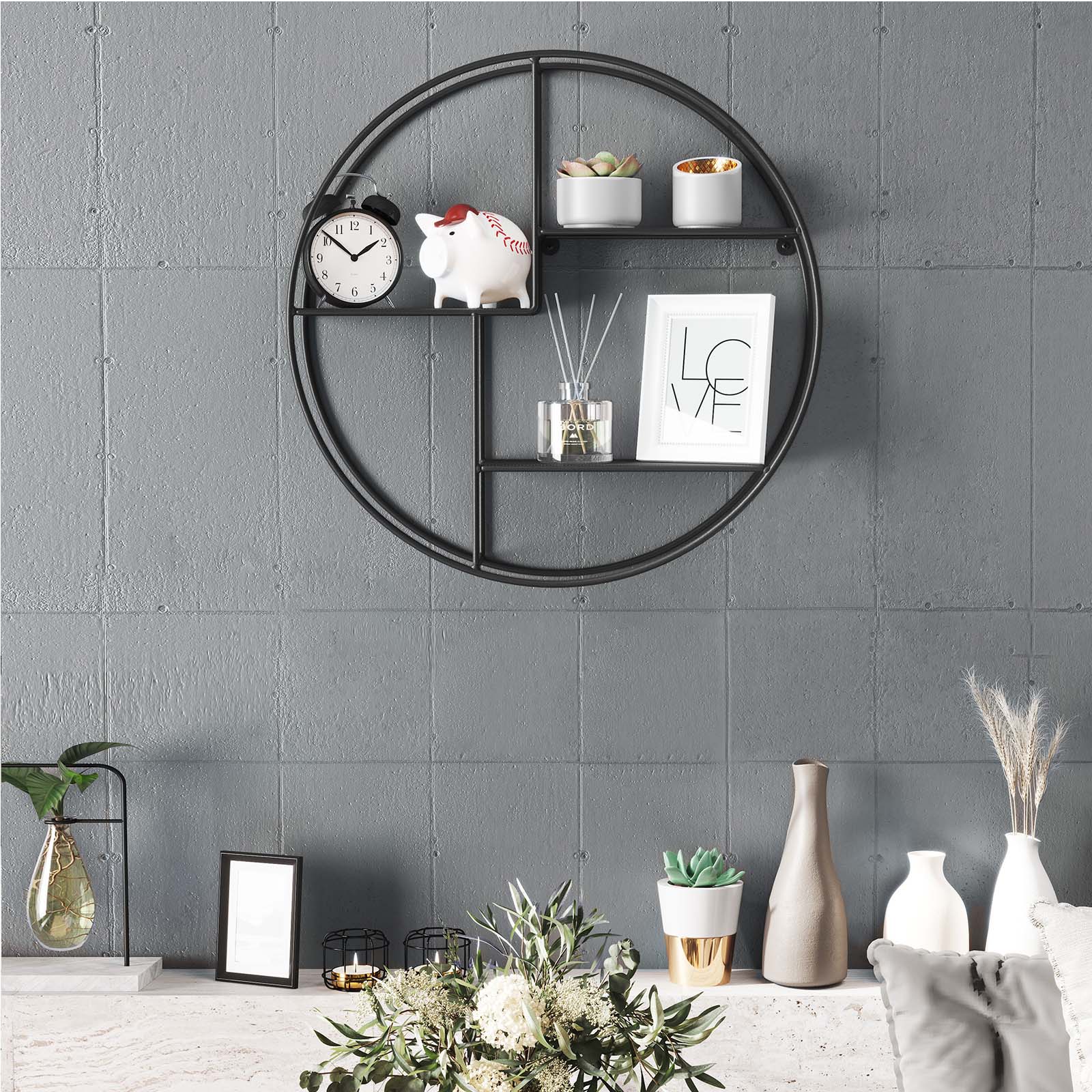 Round Floating Wall Shelf - Metal - Black - Features 3 Metal Mesh Panels