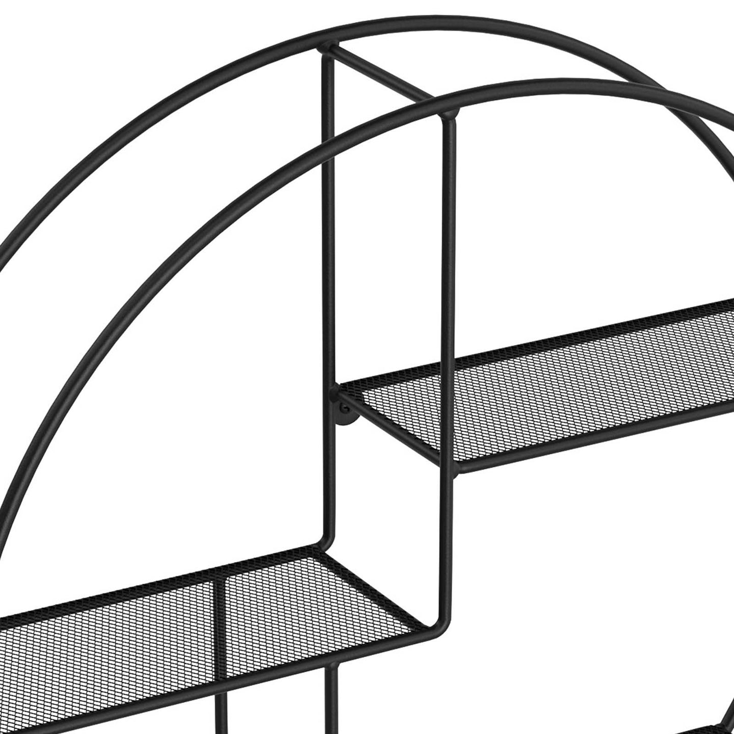 Round Floating Wall Shelf - Metal - Black - Features 3 Metal Mesh Panels