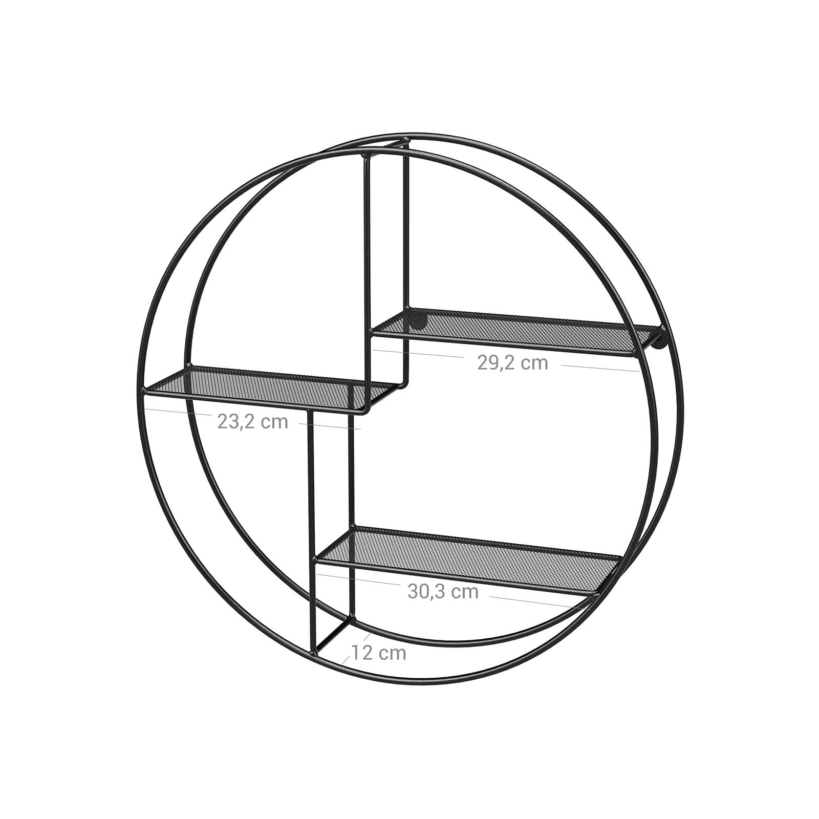 Round Floating Wall Shelf - Metal - Black - Features 3 Metal Mesh Panels