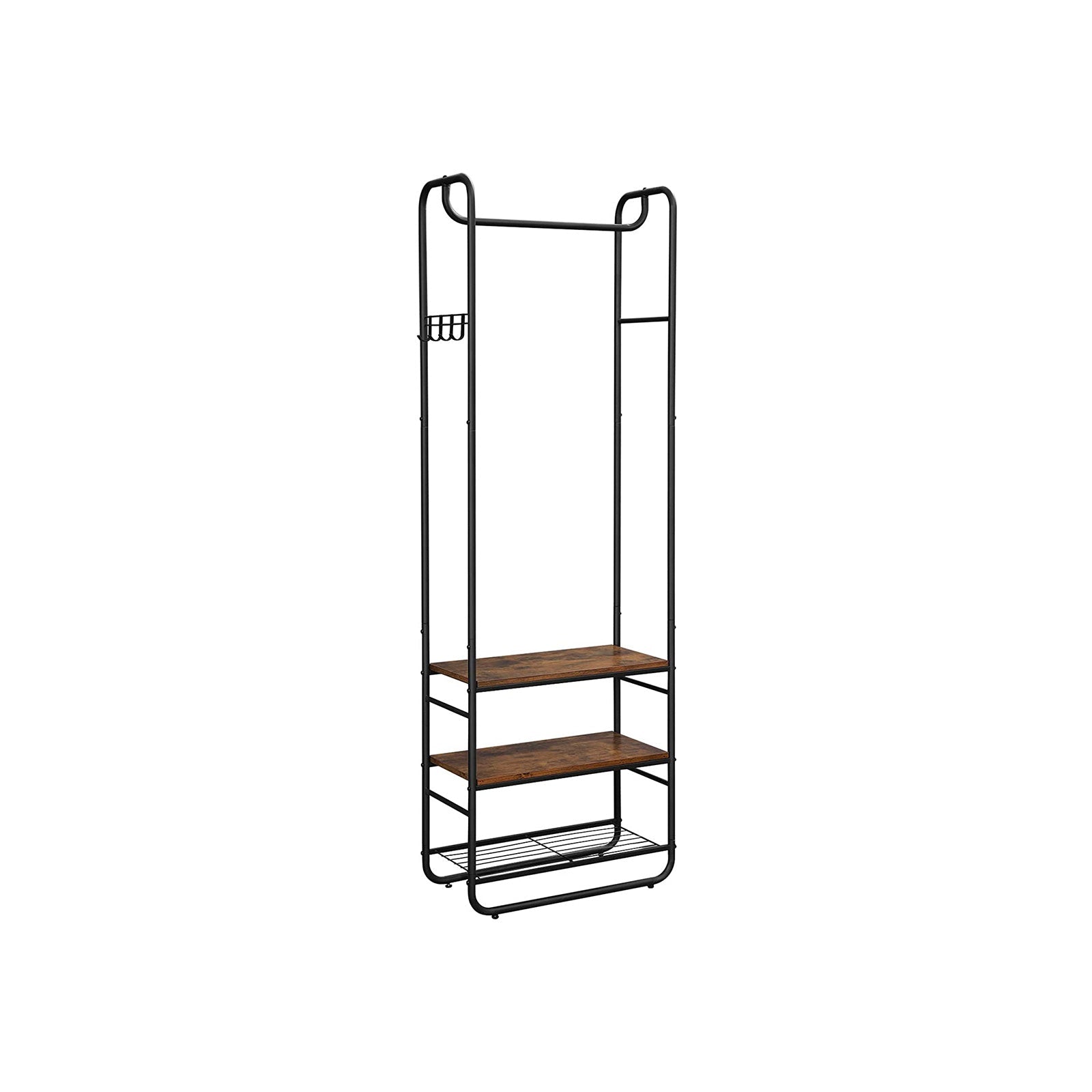 Hall Tree - Wood - Rustic Brown and Black - With Shoe Rack and Shelves