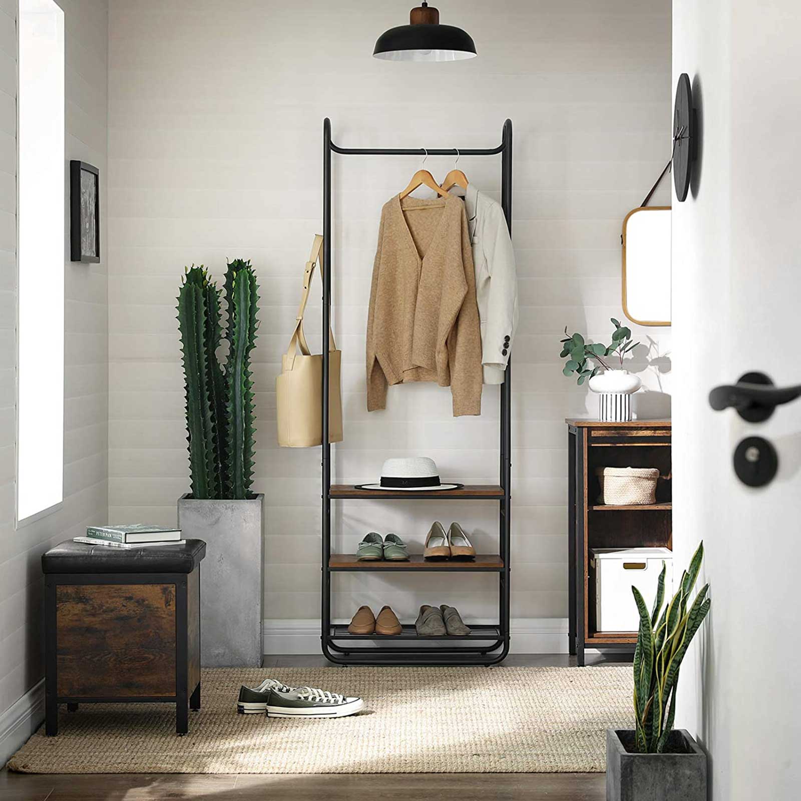 Hall Tree - Wood - Rustic Brown and Black - With Shoe Rack and Shelves