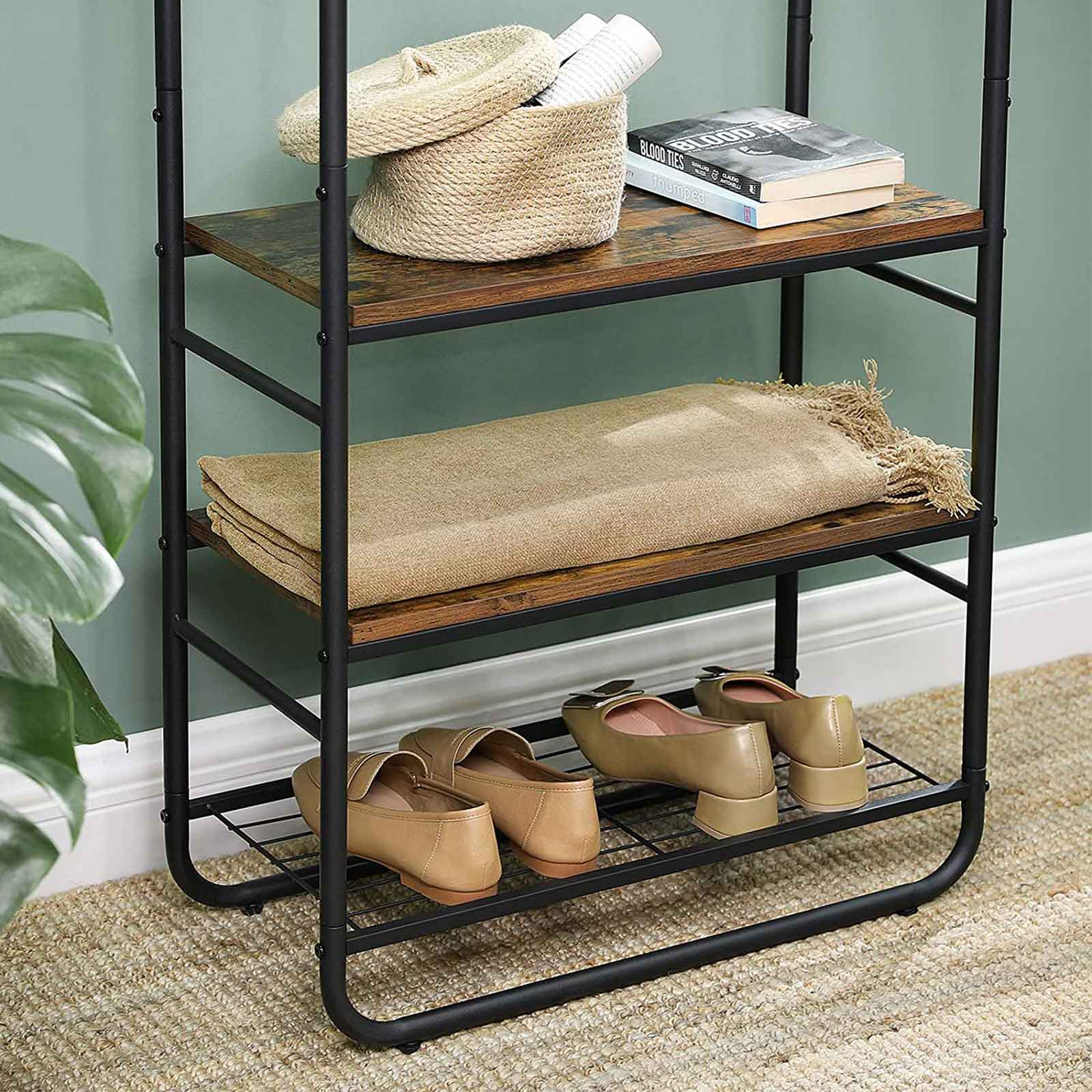 Hall Tree - Wood - Rustic Brown and Black - With Shoe Rack and Shelves