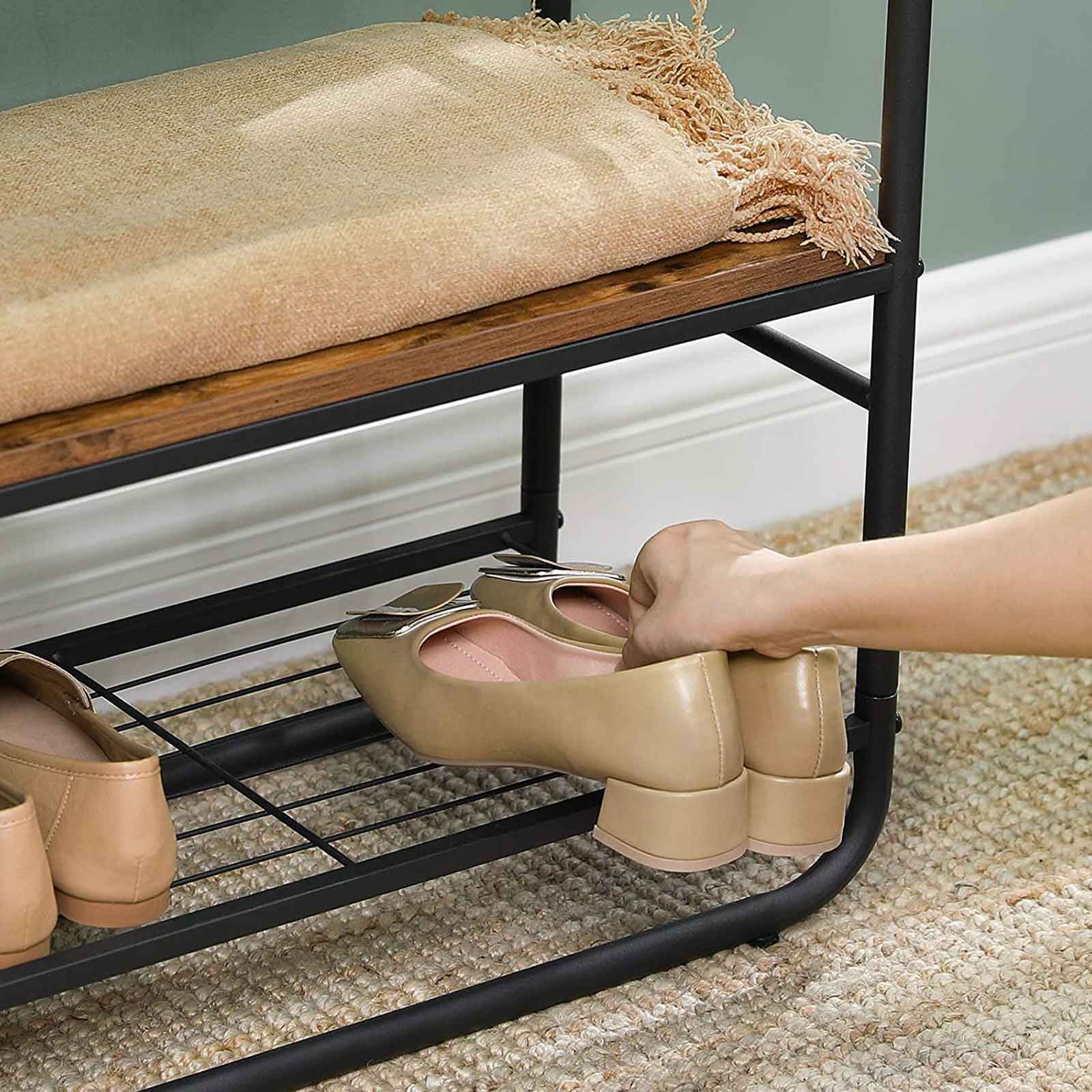 Hall Tree - Wood - Rustic Brown and Black - With Shoe Rack and Shelves