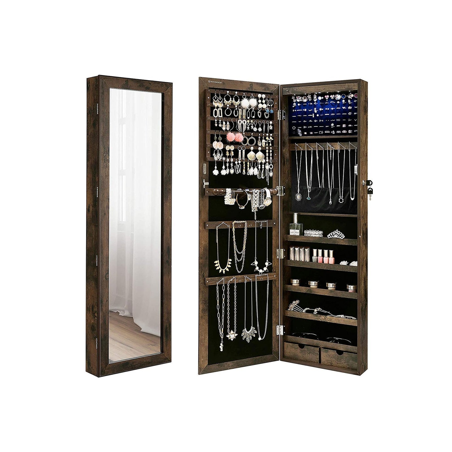 Jewellery Cabinet - Wood - Rustic Brown - Lockable Wall-Mounted with Mirror and Various Compartments