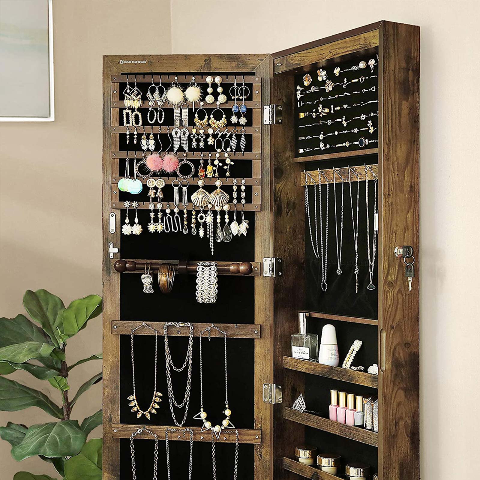 Jewellery Cabinet - Wood - Rustic Brown - Lockable Wall-Mounted with Mirror and Various Compartments