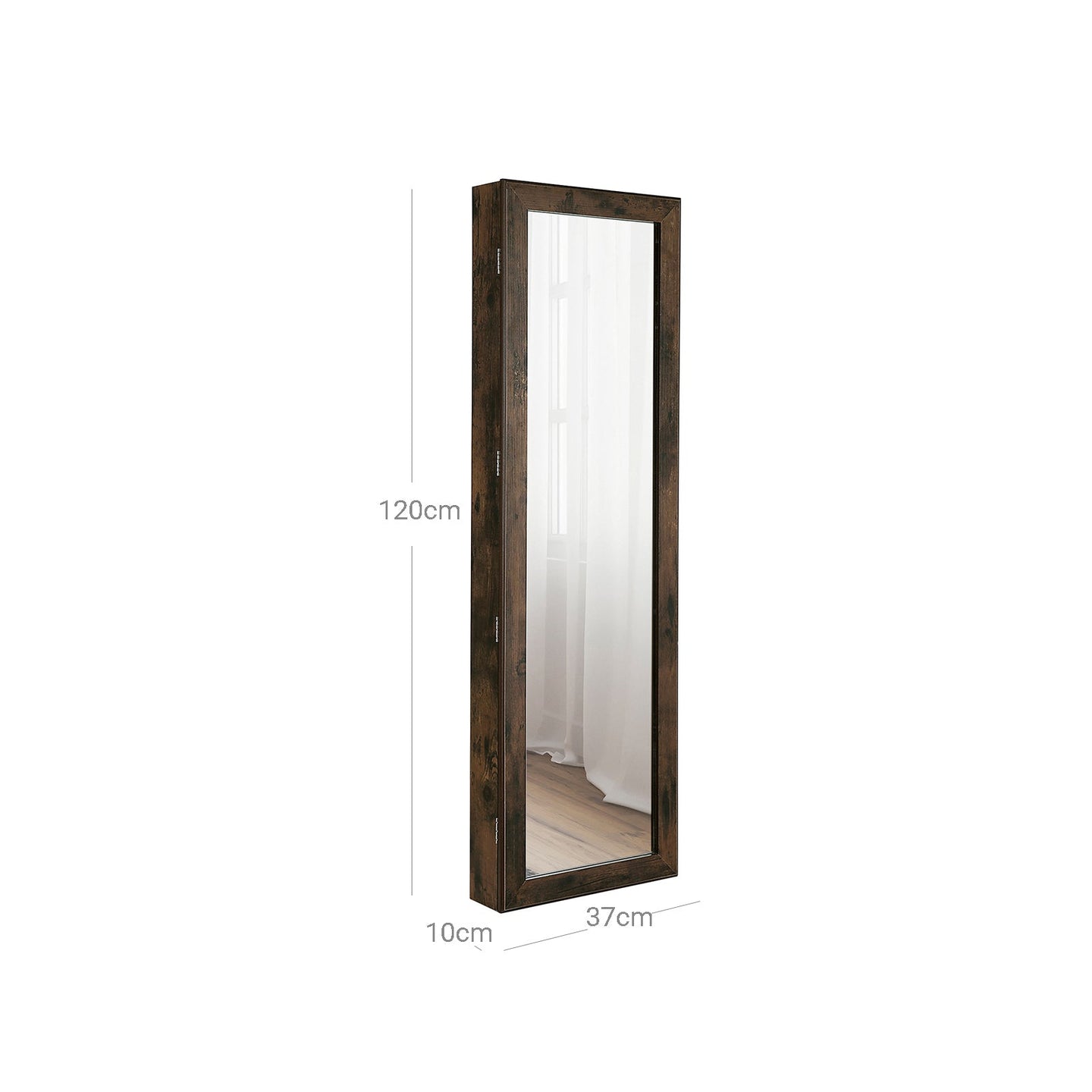Jewellery Cabinet - Wood - Rustic Brown - Lockable Wall-Mounted with Mirror and Various Compartments