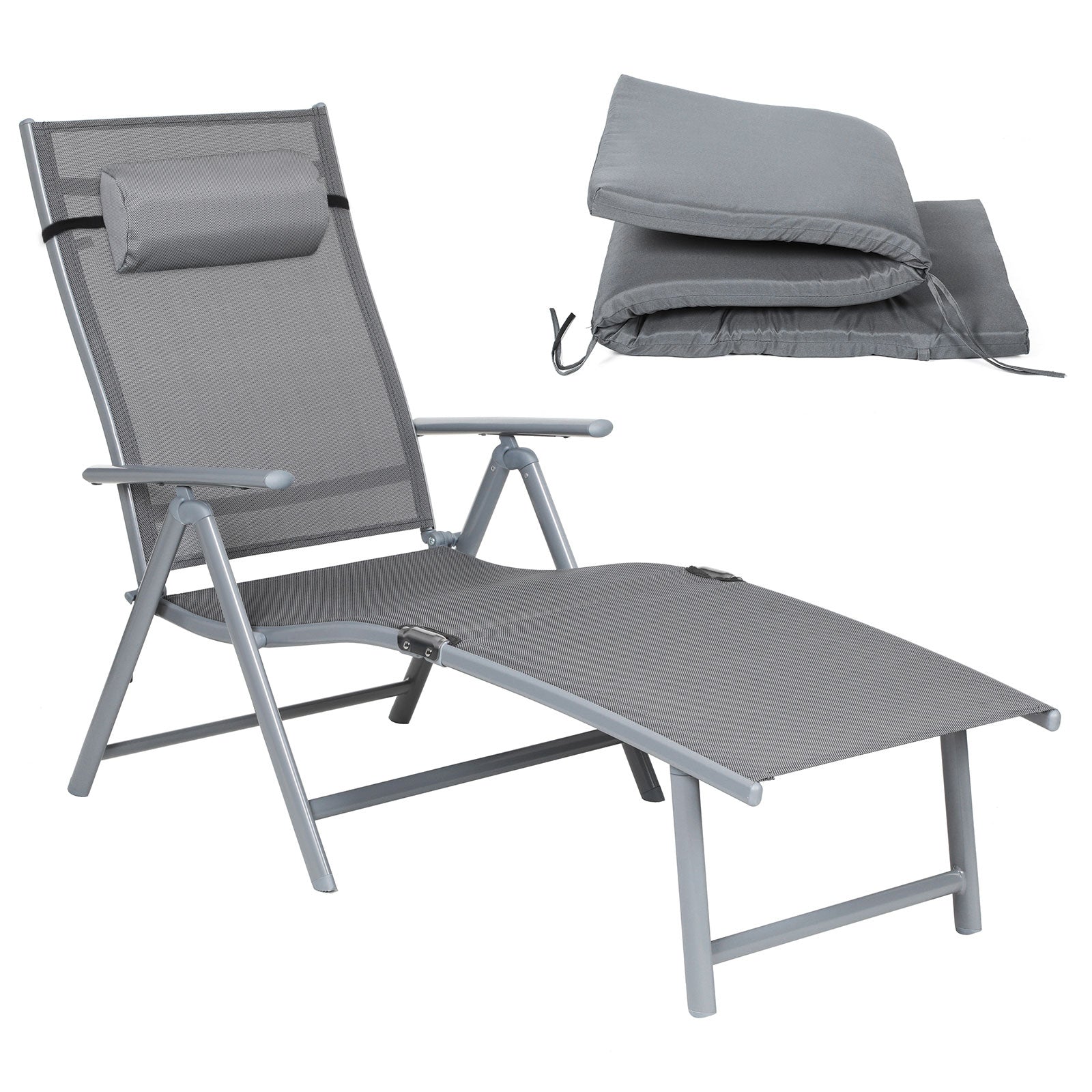 Sun Lounger - Rustproof Aluminium - Black - Foldable with 6 cm Mattress and Removable Headrest