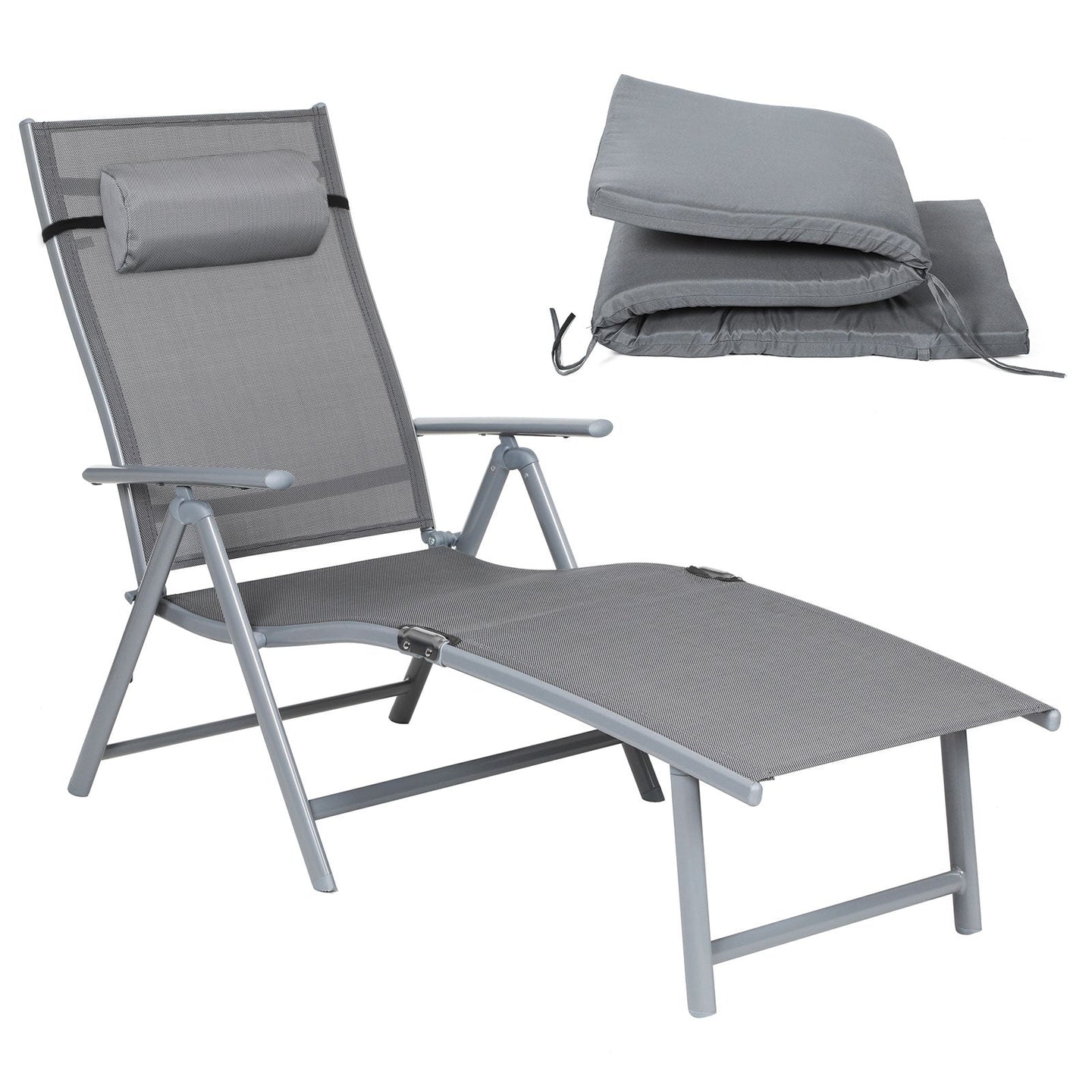 Sun Lounger - Rustproof Aluminium - Black - Foldable with 6 cm Mattress and Removable Headrest