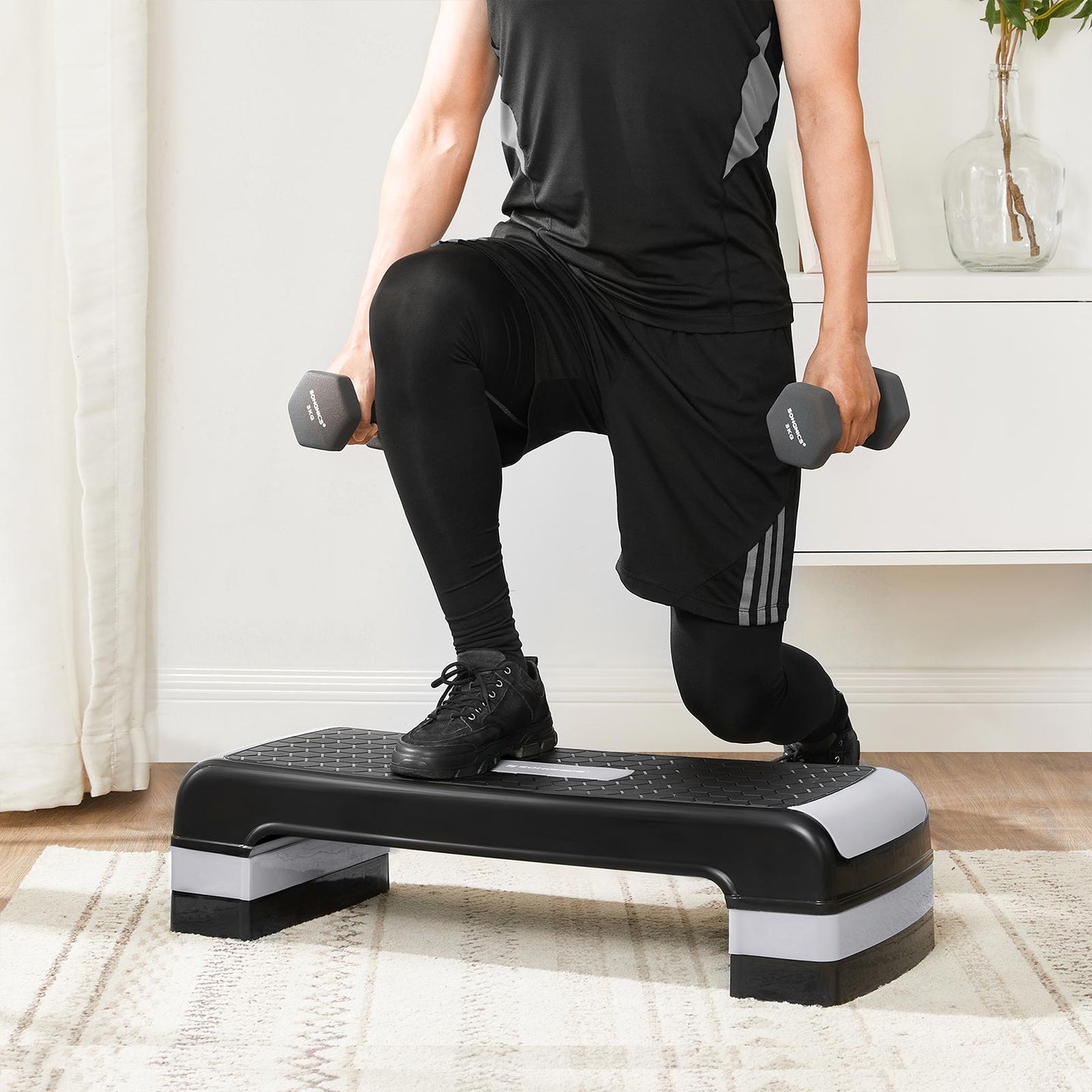 Aerobic Step Platform - Plastic - Grey - Height-Adjustable with Resistance Band