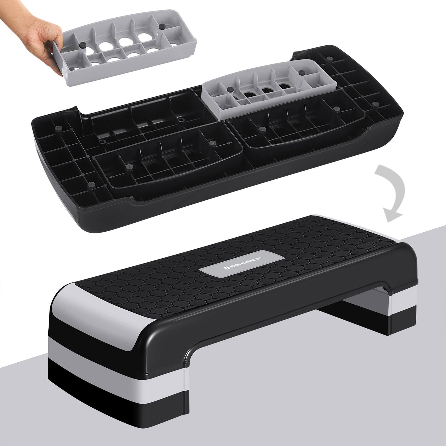Aerobic Step Platform - Plastic - Grey - Height-Adjustable with Resistance Band