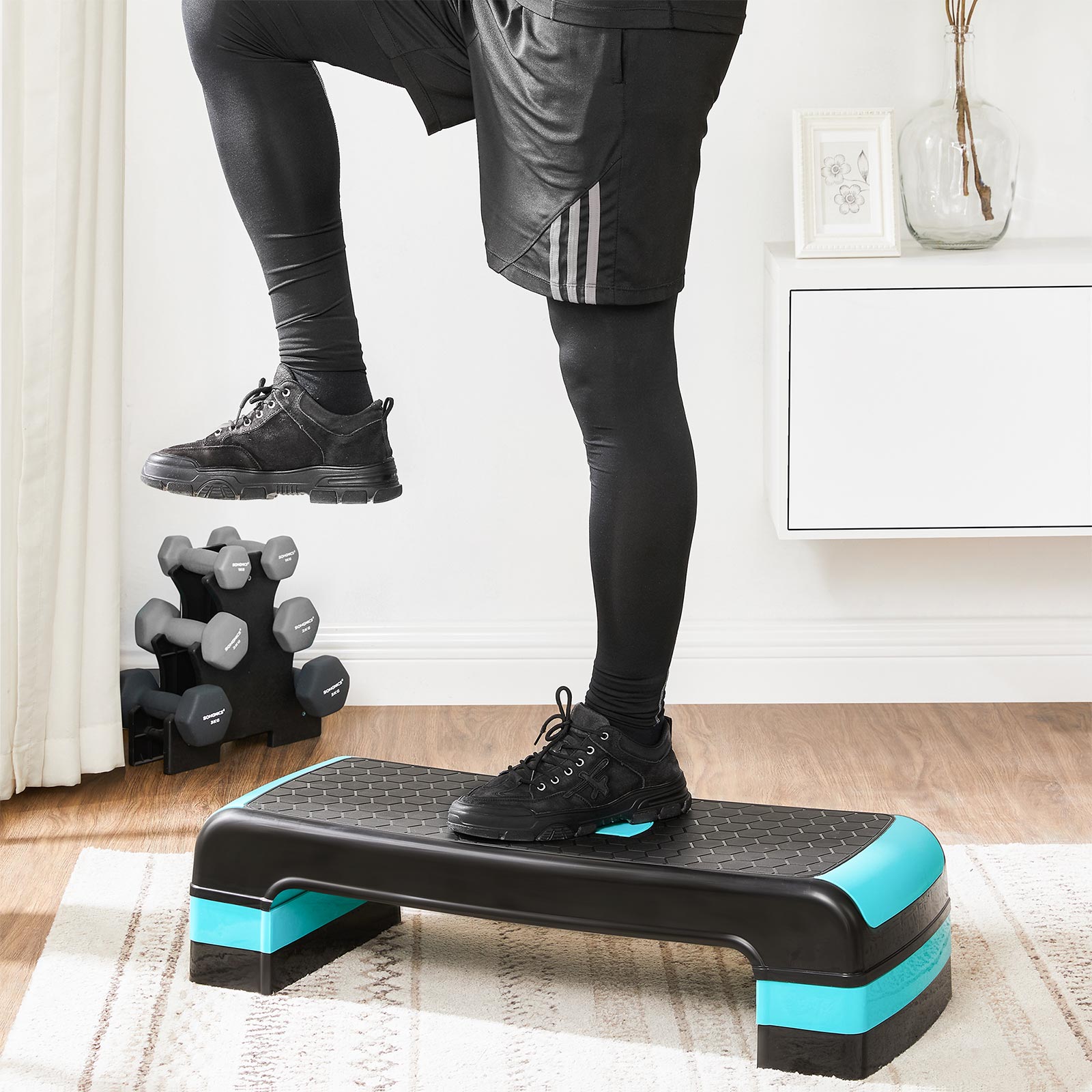 Aerobic Step Platform - Plastic - Blue - Height-Adjustable with Resistance Band