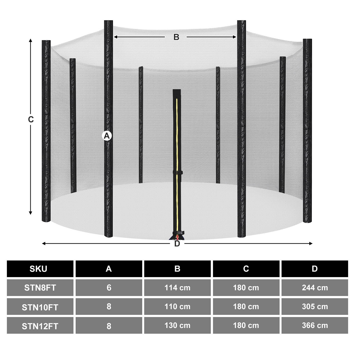 Trampoline Safety Net - Mesh - Black - For 12 ft Round Trampoline with 8 Straight Poles