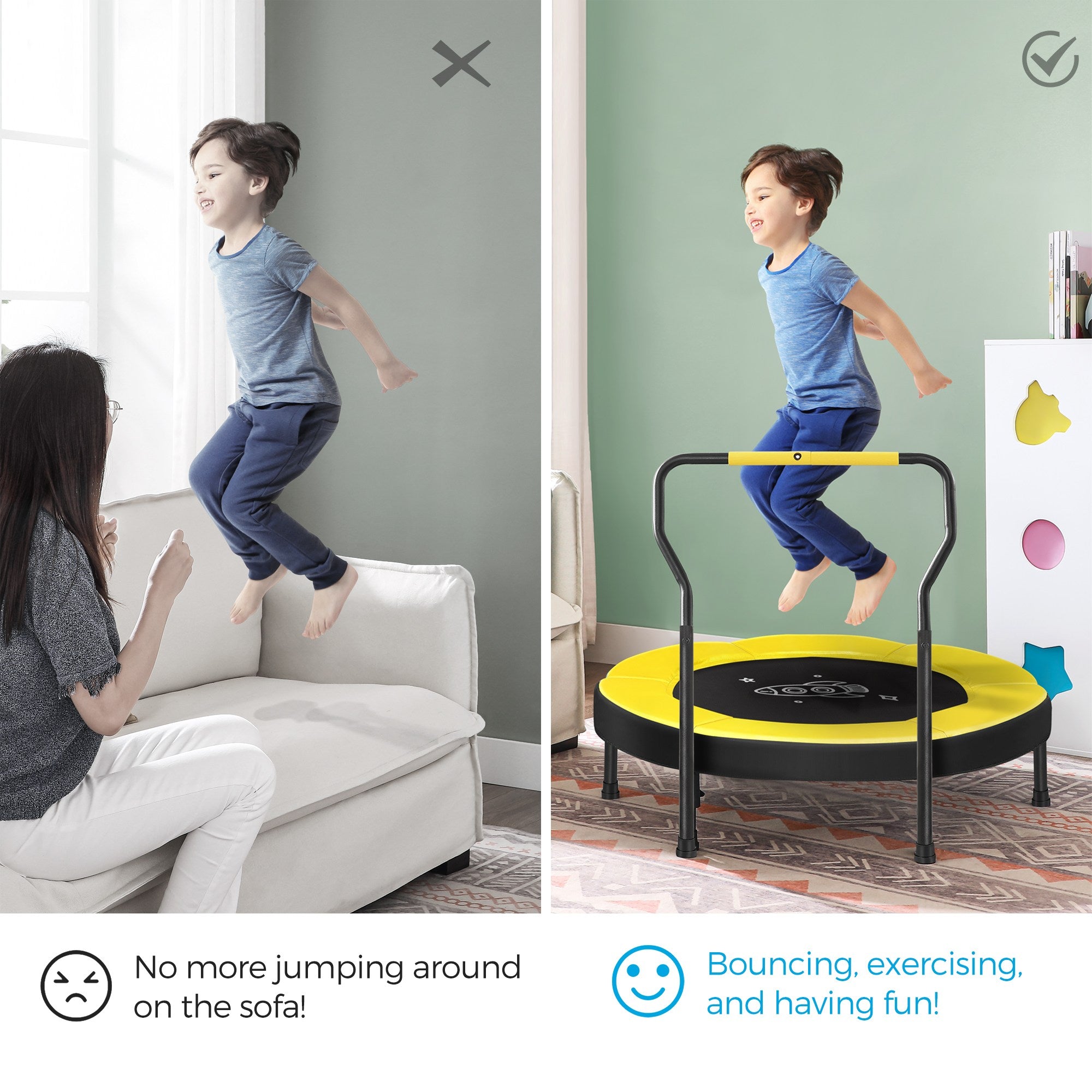 Mini Trampoline - With Handlebar - For Kids - Yellow