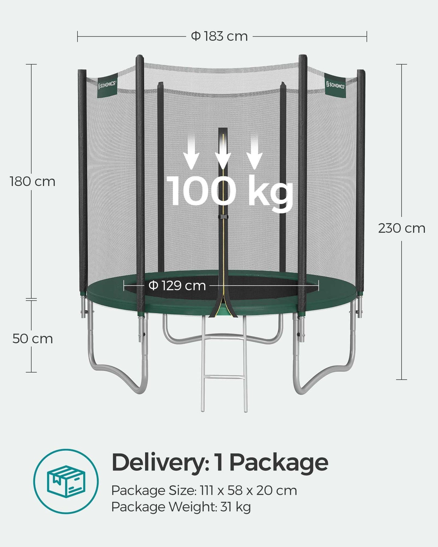 Trampoline - 10 ft - Dark Green - Complete Set with Safety Enclosure Net and Ladder