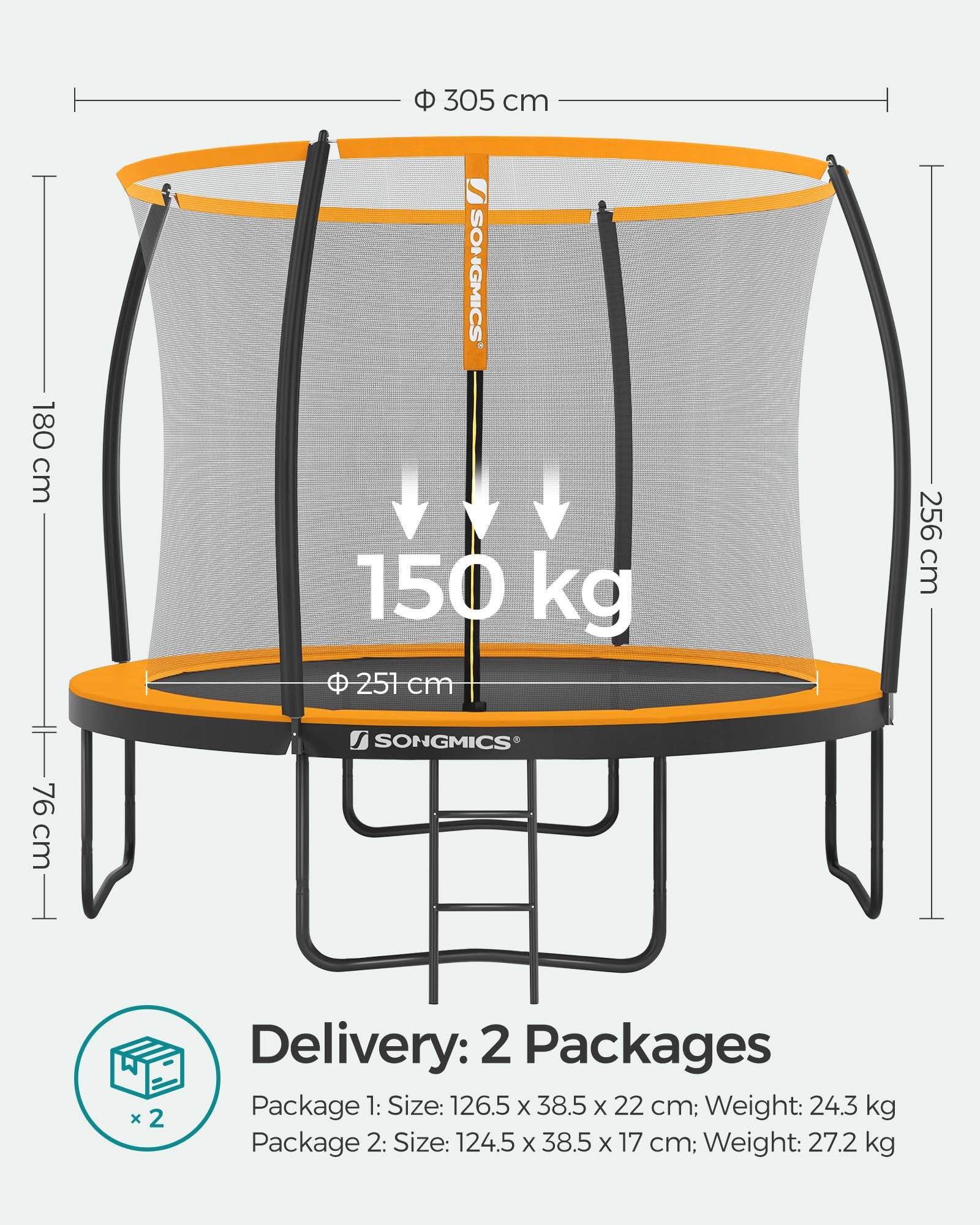 Round Trampoline - 10ft - Fabric - Safety Net Enclosure with Ladder and Padded Arch Poles