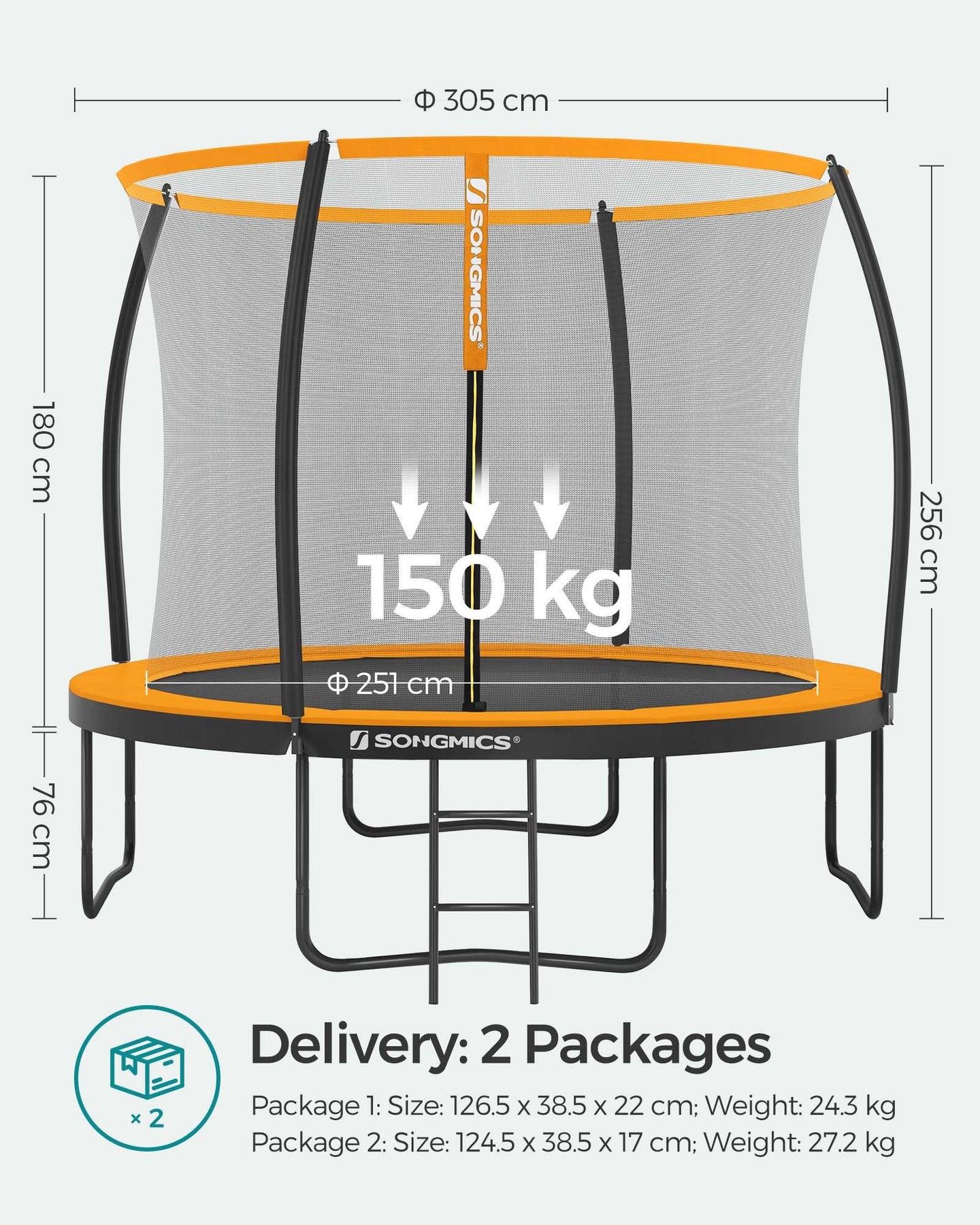 Round Trampoline - 10ft - Fabric - Safety Net Enclosure with Ladder and Padded Arch Poles