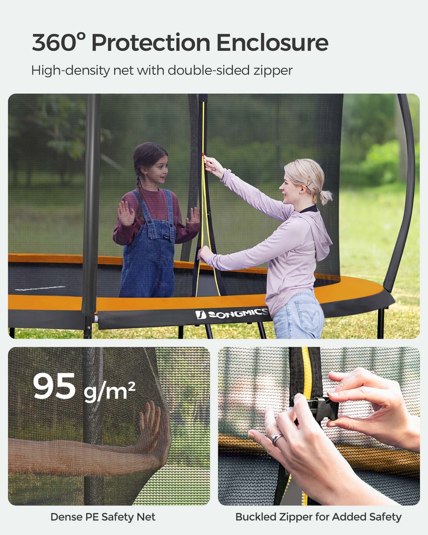 Round Trampoline - 10ft - Fabric - Safety Net Enclosure with Ladder and Padded Arch Poles