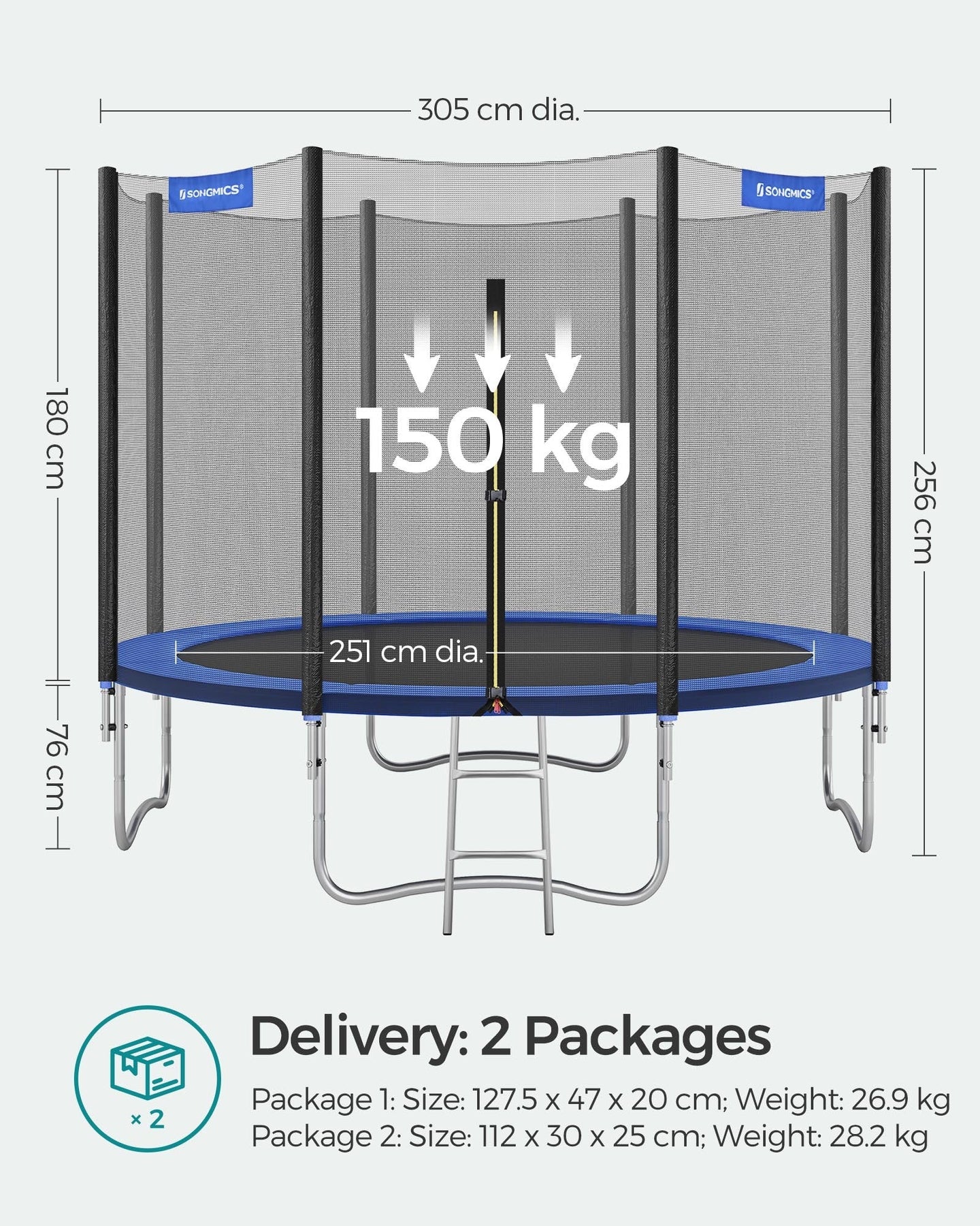 Trampoline - Fabric - Blue - Complete Set with Safety Enclosure and Ladder
