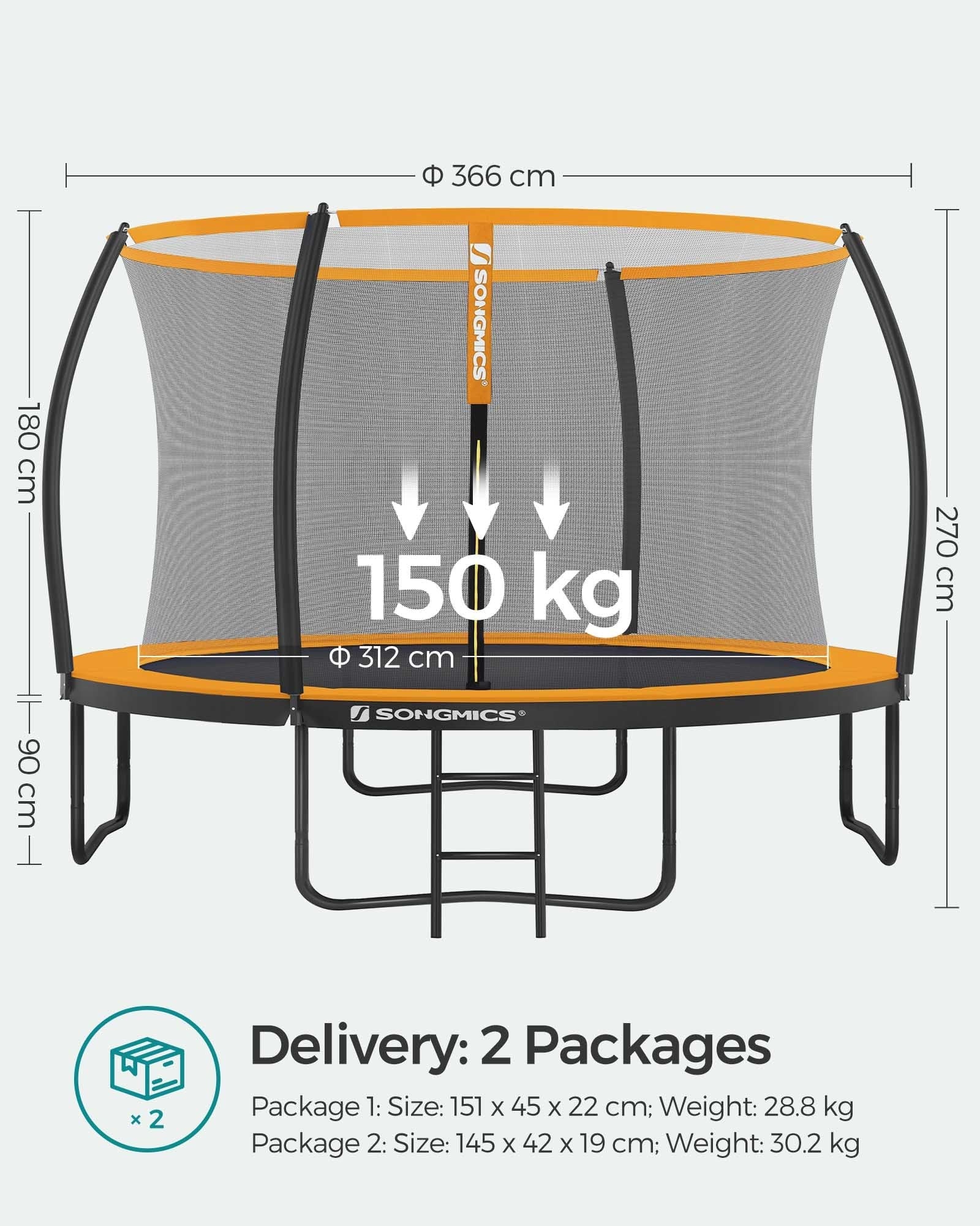 Kids Trampoline - Steel - Black and Blue - 12 ft with Safety Net and Safety Pad