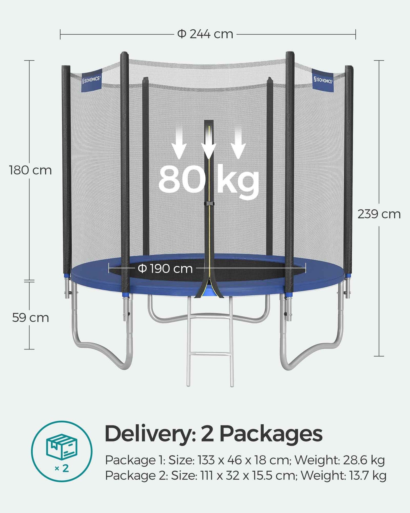 Trampoline - Steel - Blue - Complete Set with Safety Enclosure and Ladder