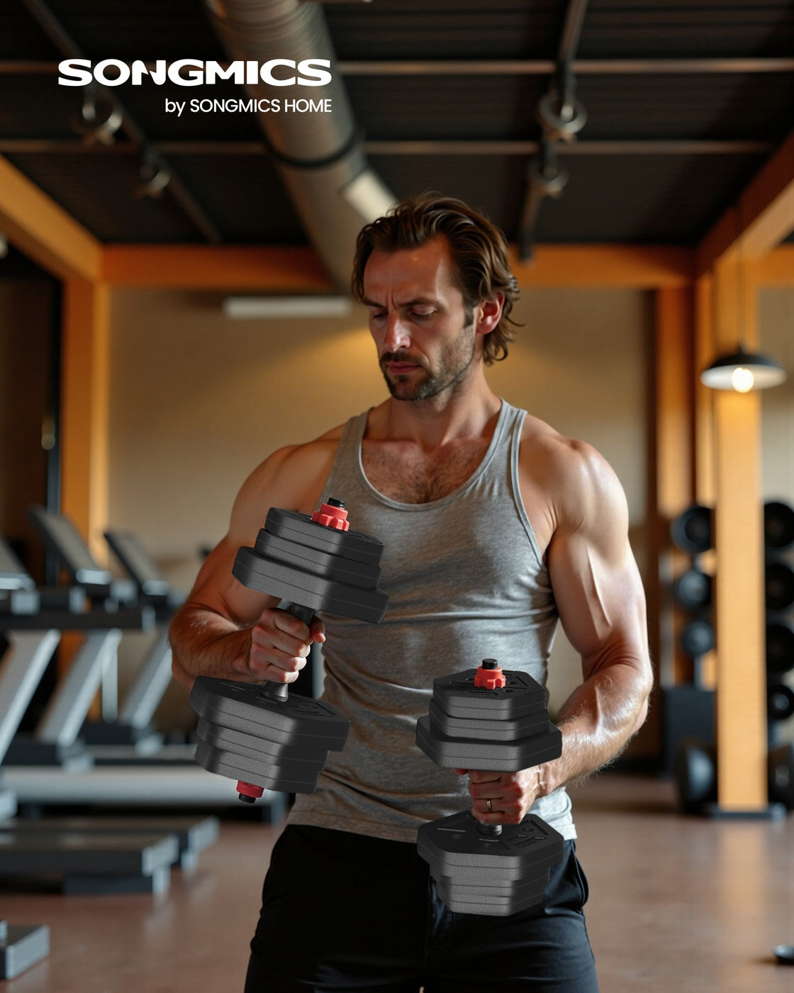 Dumbbell Set - Iron - Silver - Adjustable Weight Plates with Connecting Bar