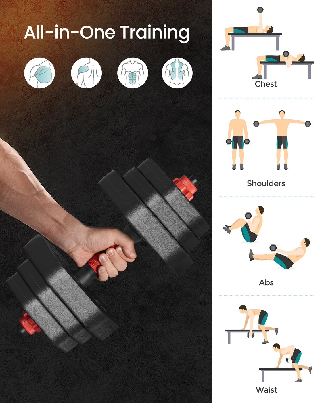 Dumbbell Set - Iron - Silver - Adjustable Weight Plates with Connecting Bar