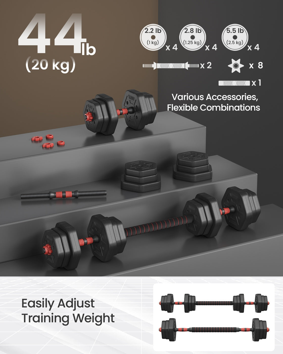 Dumbbell Set - Iron - Silver - Adjustable Weight Plates with Connecting Bar