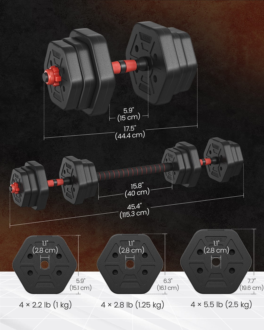 Dumbbell Set - Iron - Silver - Adjustable Weight Plates with Connecting Bar