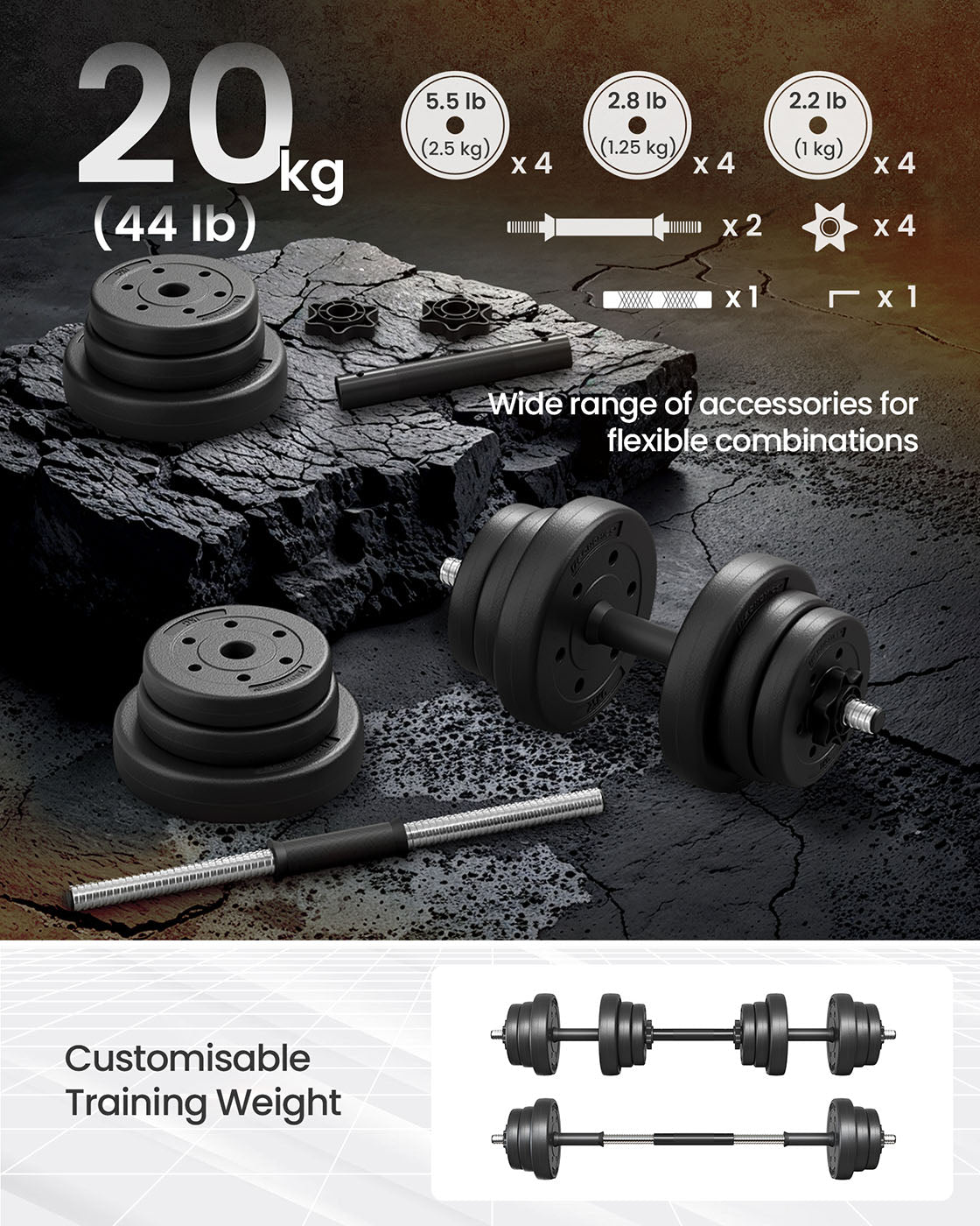 Adjustable Dumbbell Set - Steel - Silver - 2-in-1 with Barbell Bar for Home Gym