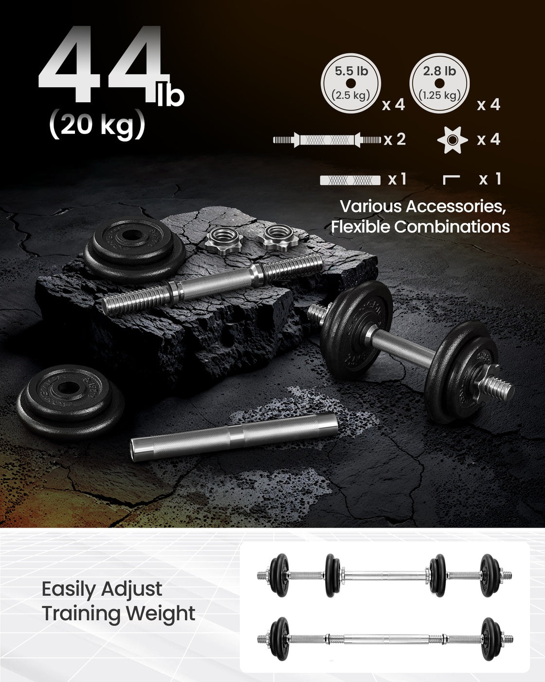 Adjustable Dumbbells - Cast Iron - Orange - Includes Extra Barbell Bar and Removable Protective Covers