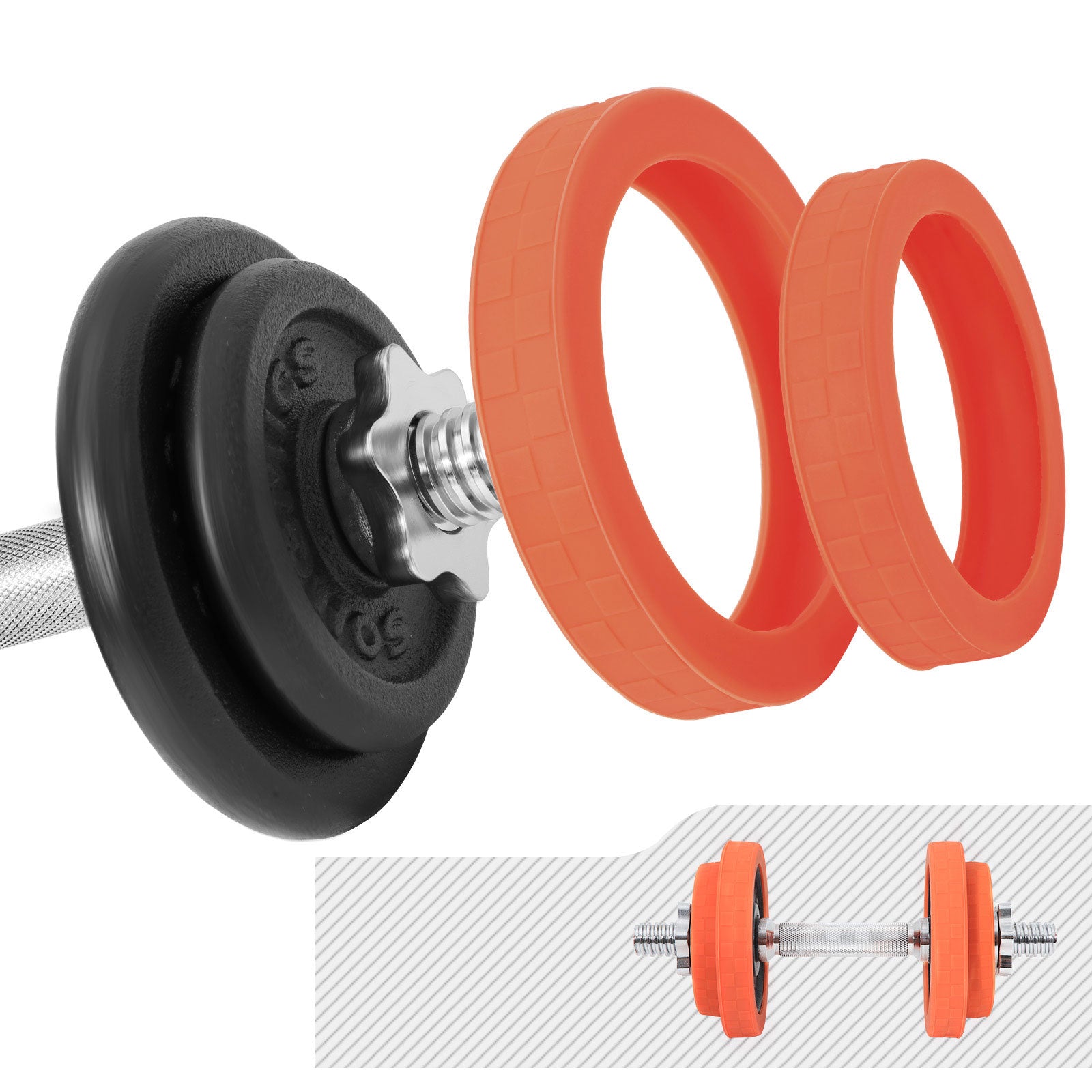 Dumbbell Set - Cast Iron - Orange - Adjustable with Extra Barbell Bar