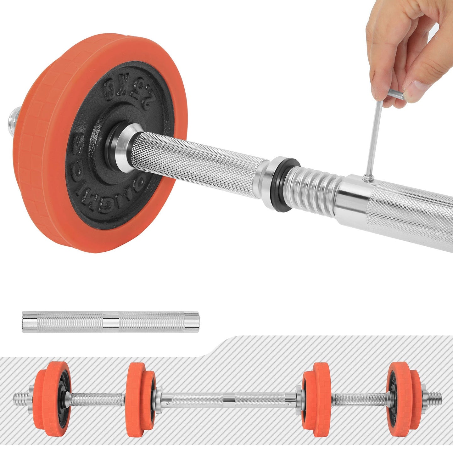 Dumbbell Set - Cast Iron - Orange - Adjustable with Extra Barbell Bar
