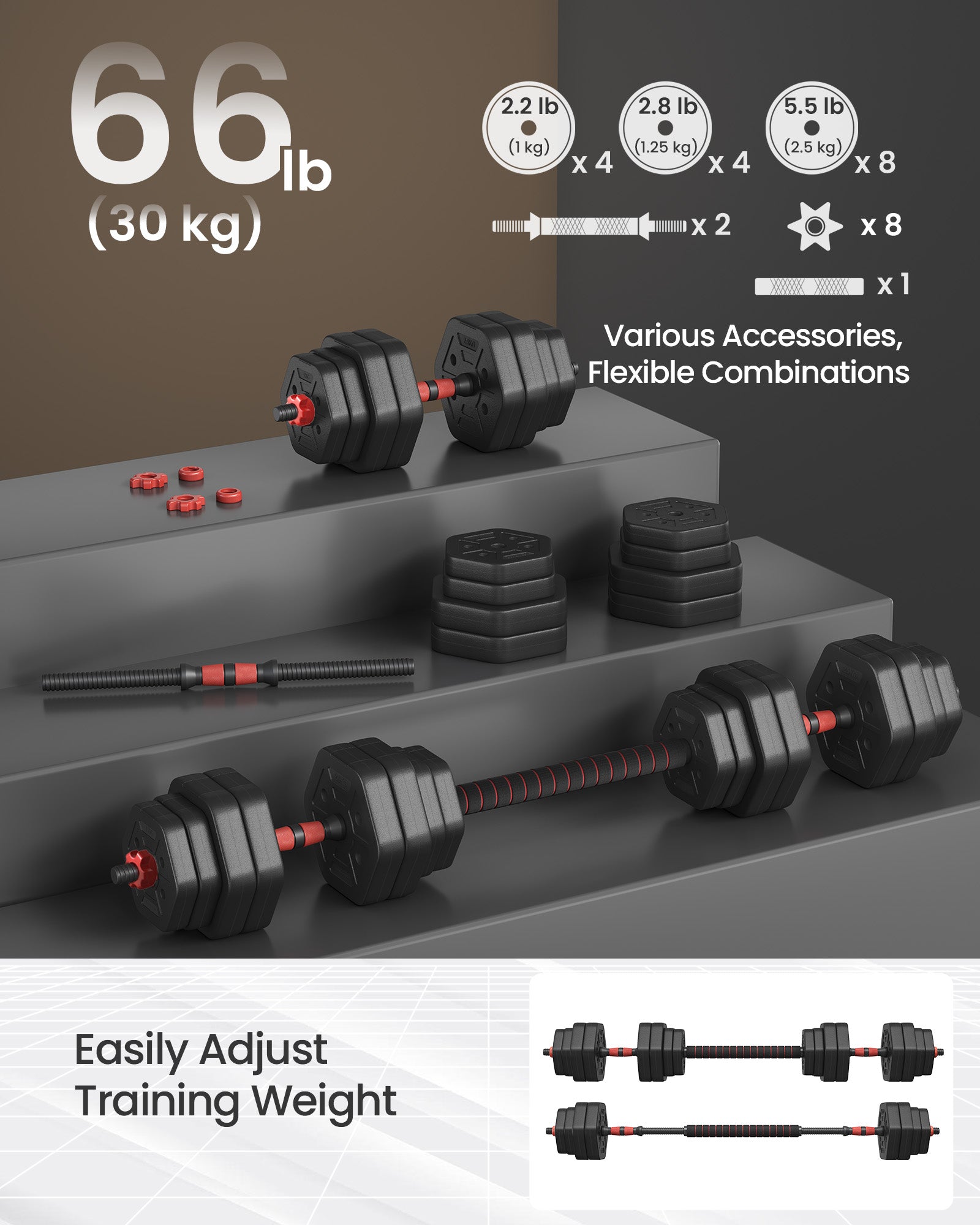 Dumbbell Sets Weights Each - Steel Bar and Plastic Coating - Ink Black
