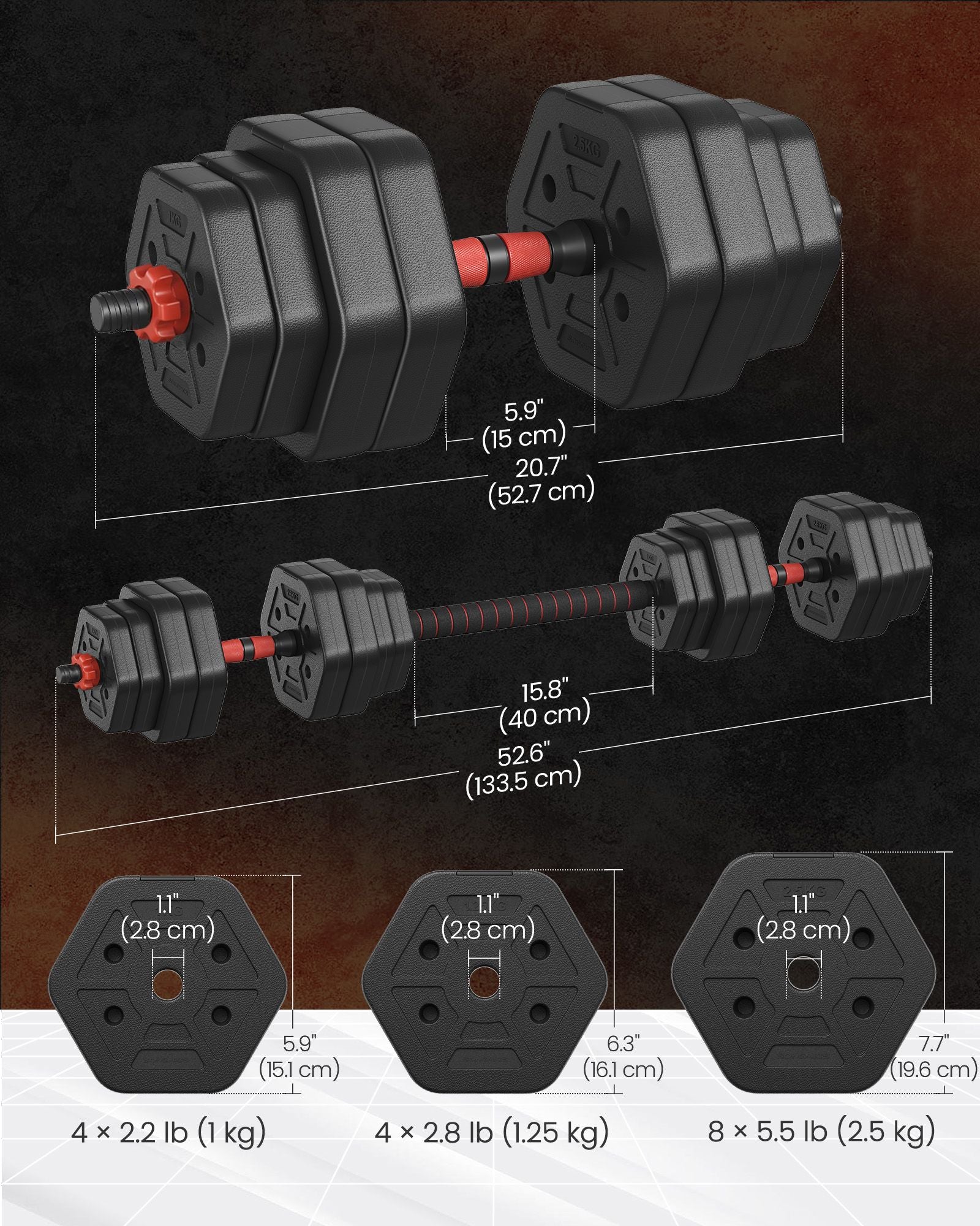Dumbbell Sets Weights Each - Steel Bar and Plastic Coating - Ink Black