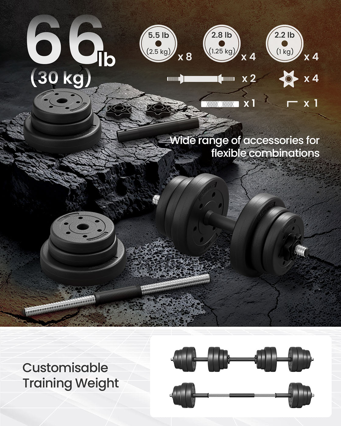 Adjustable Dumbbells Set - Steel - Black - Includes Extra Barbell Bar