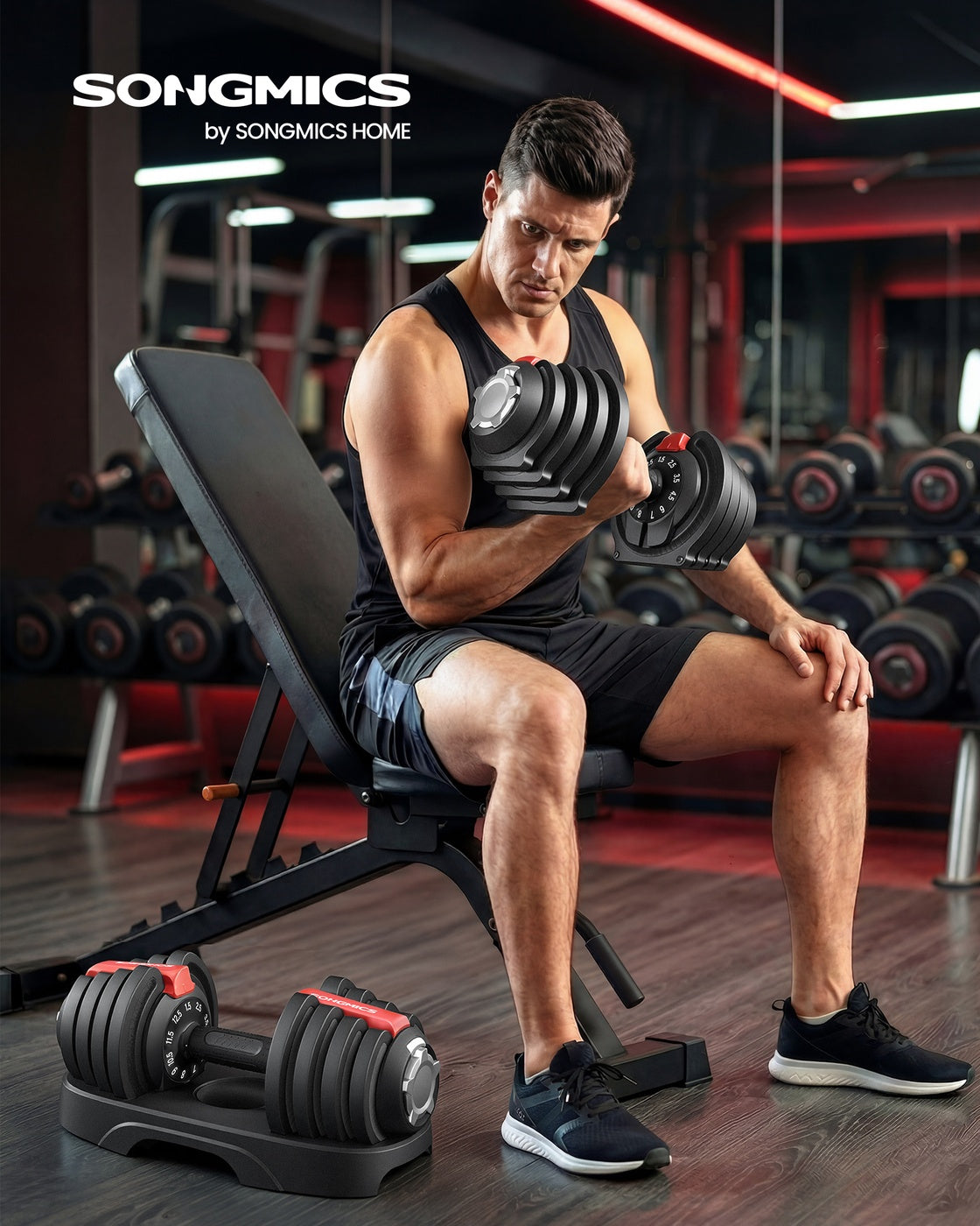 Adjustable Dumbbells Set 2 Pack 11-in-1 1.5- Home Gym Black Red - Steel and ABS Plastic - Black