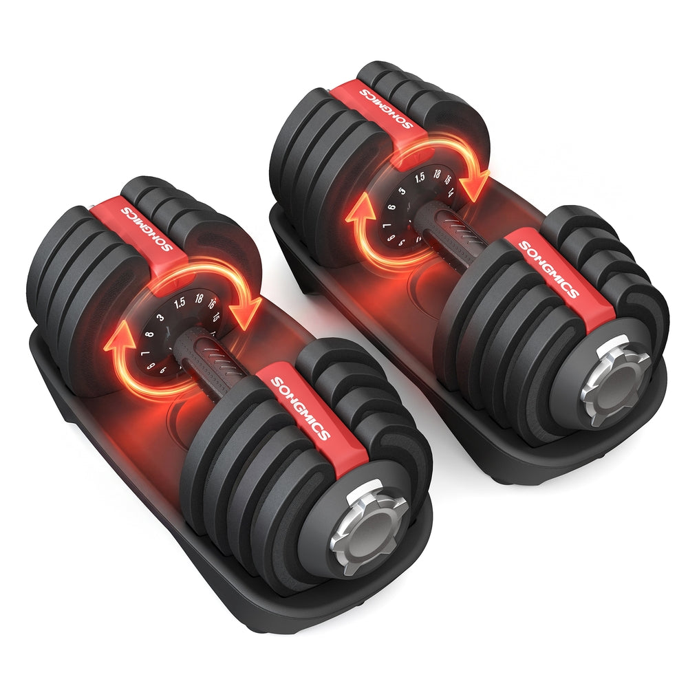 Adjustable Dumbbells Set 2 Pack 12-in-1 1.5- Home Gym Black Red - Steel and ABS Plastic - Black