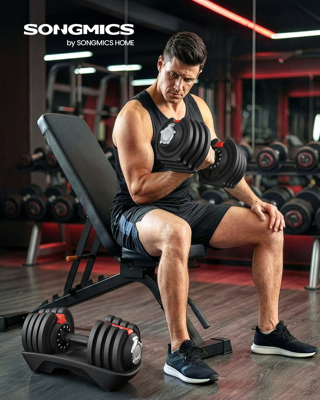 Adjustable Dumbbells Set 2 Pack 12-in-1 1.5- Home Gym Black Red - Steel and ABS Plastic - Black