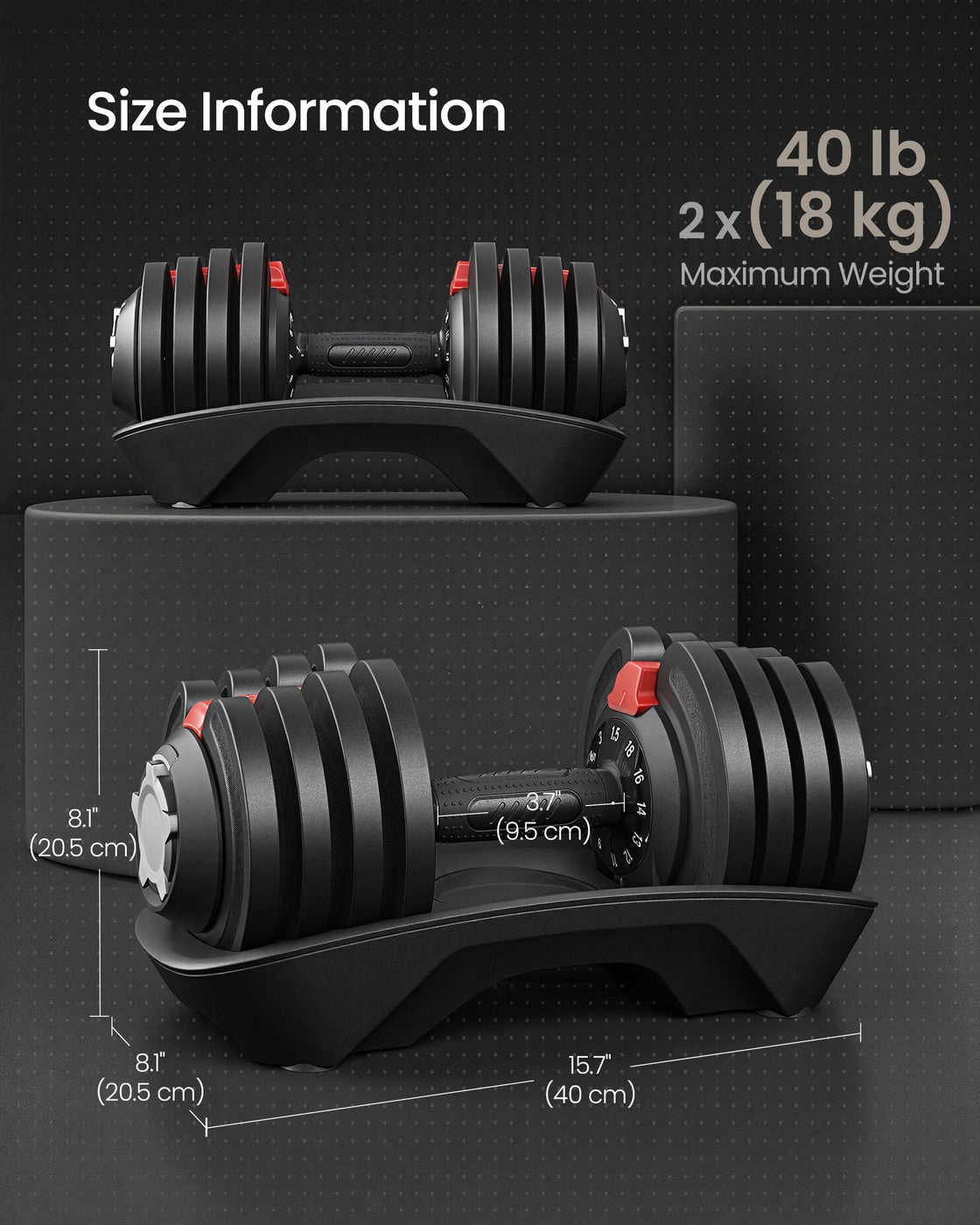 Adjustable Dumbbells Set 2 Pack 12-in-1 1.5- Home Gym Black Red - Steel and ABS Plastic - Black