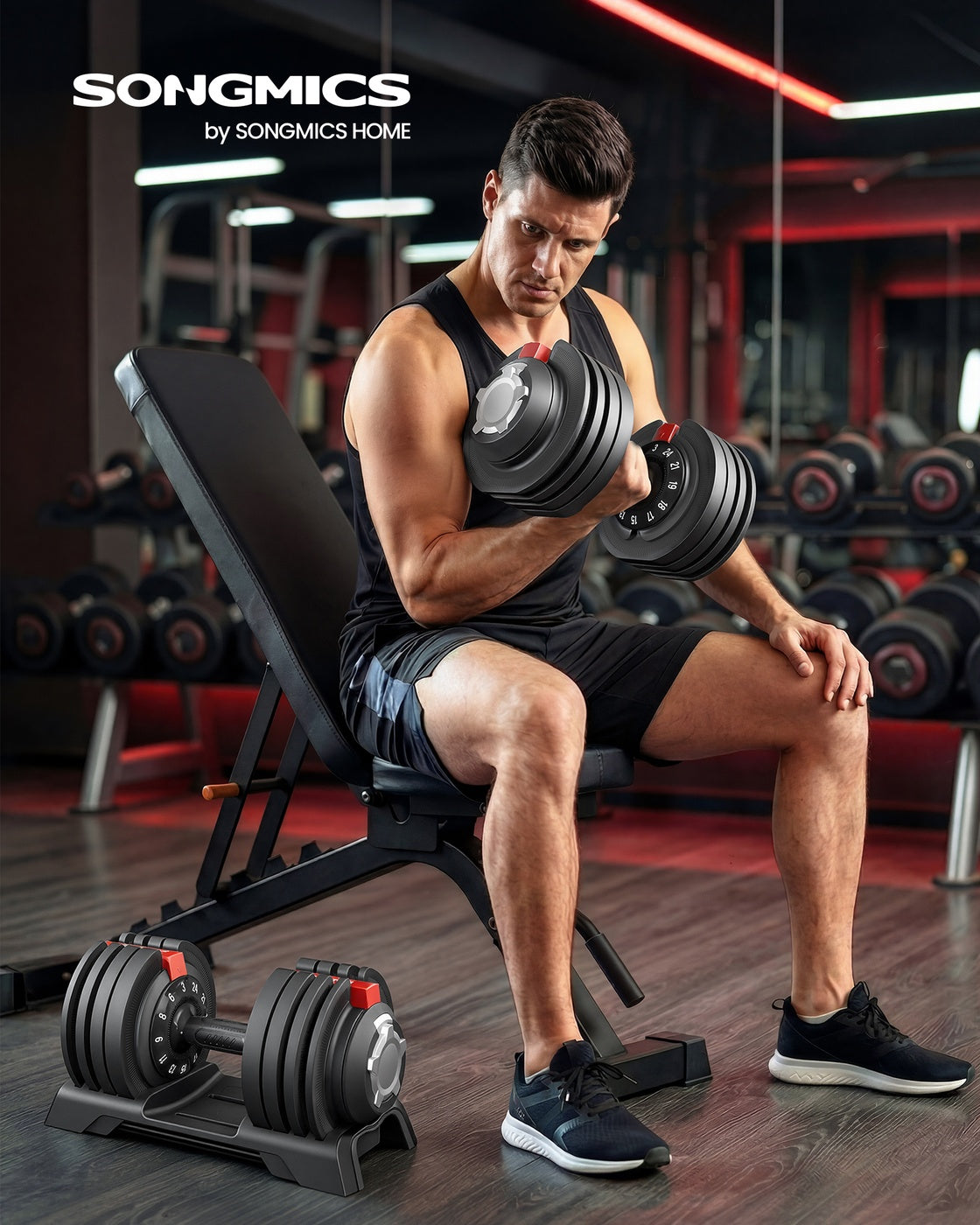 Adjustable Dumbbells Set 2 Pack 12-in-1 3- Home Gym Black Red - Steel and ABS Plastic - Black
