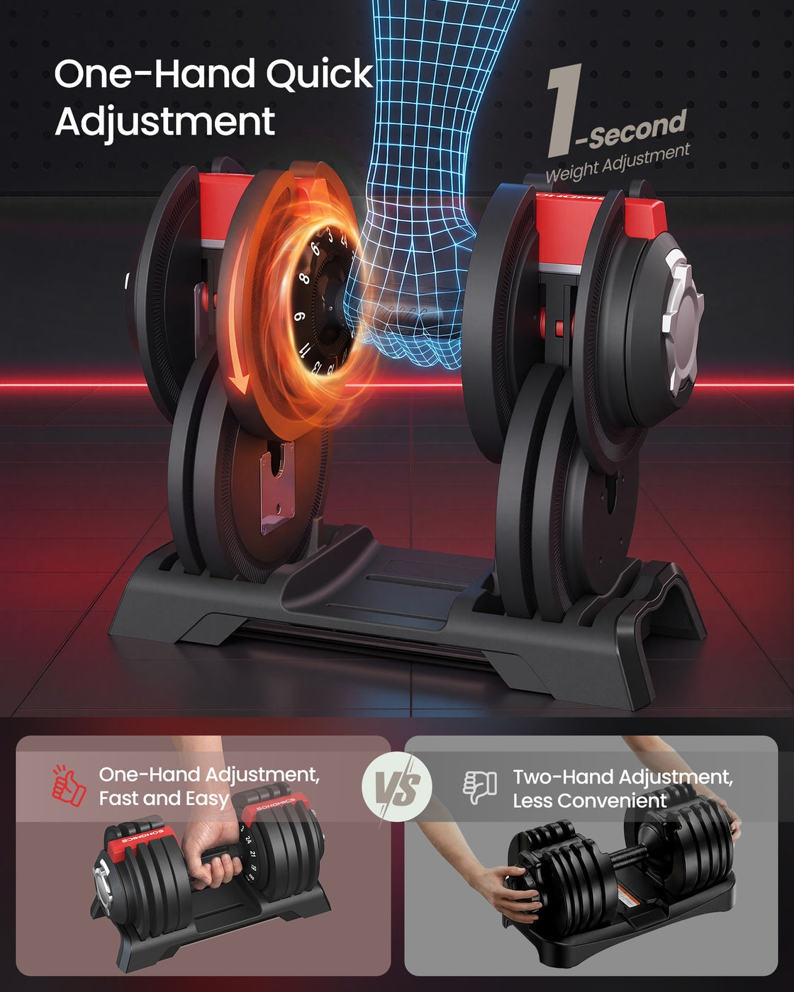 Adjustable Dumbbells Set 2 Pack 12-in-1 3- Home Gym Black Red - Steel and ABS Plastic - Black