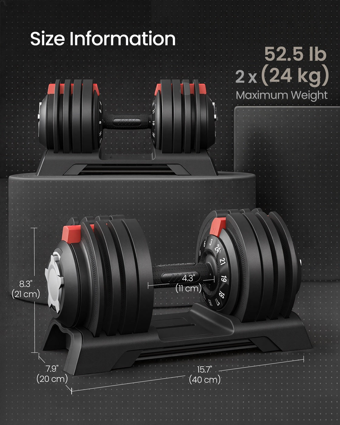 Adjustable Dumbbells Set 2 Pack 12-in-1 3- Home Gym Black Red - Steel and ABS Plastic - Black